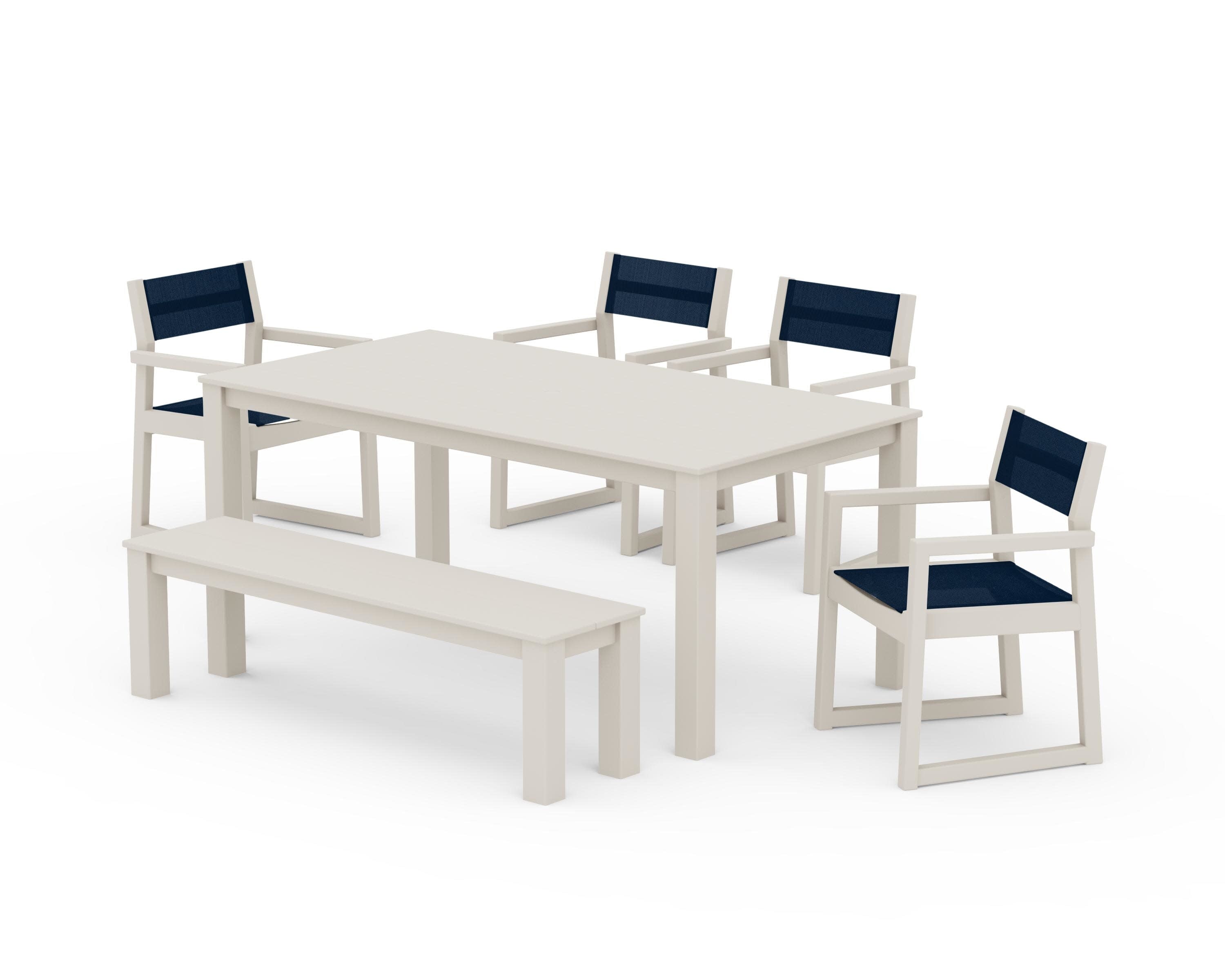 EDGE Sling Arm Chair 6-Piece Parsons Dining Set with Bench in Sand / Navy Blue Sling