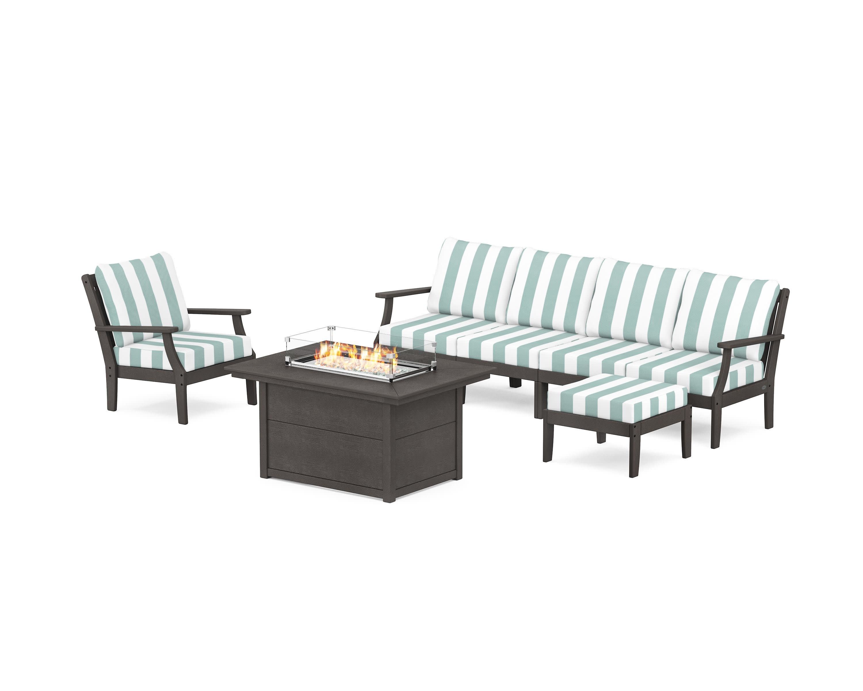 Braxton Sectional Lounge and Fire Pit Set in Vintage Coffee / Cabana Stripe Glacier Spa