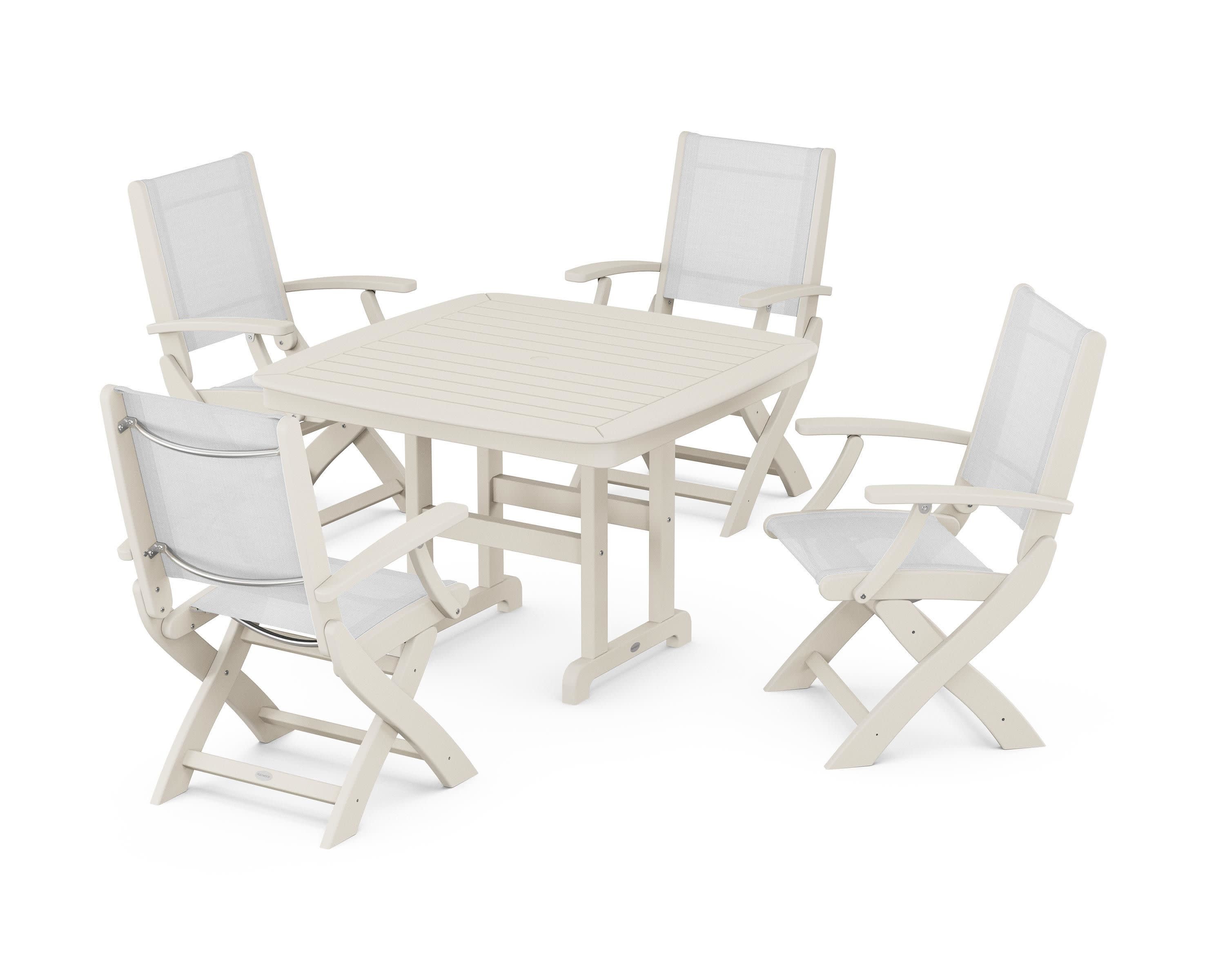 Coastal Folding Chair 5-Piece Dining Set in Sand / White Sling