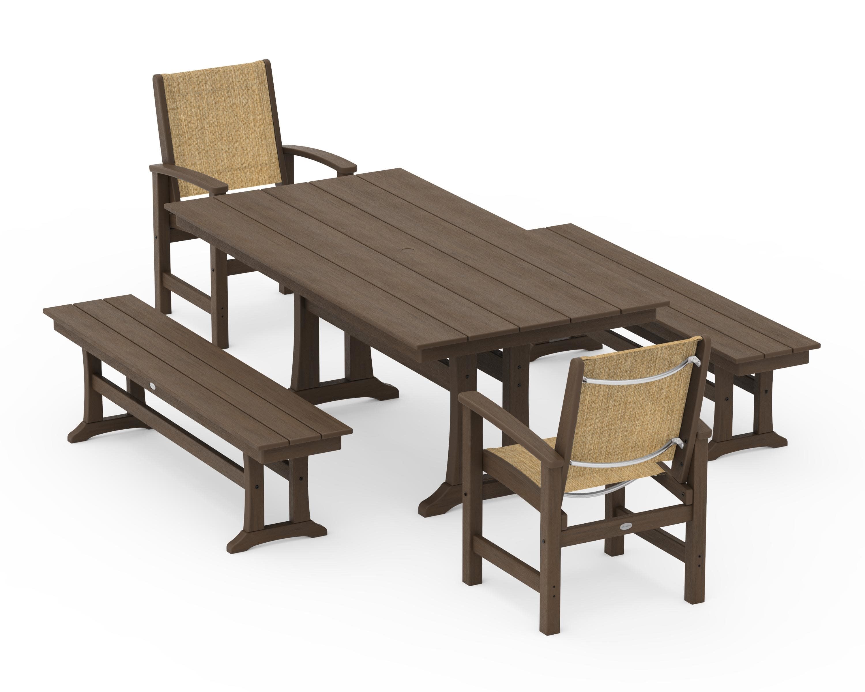 Coastal 5-Piece Farmhouse Dining Set with Trestle Legs and Benches in Kona / Burlap Sling