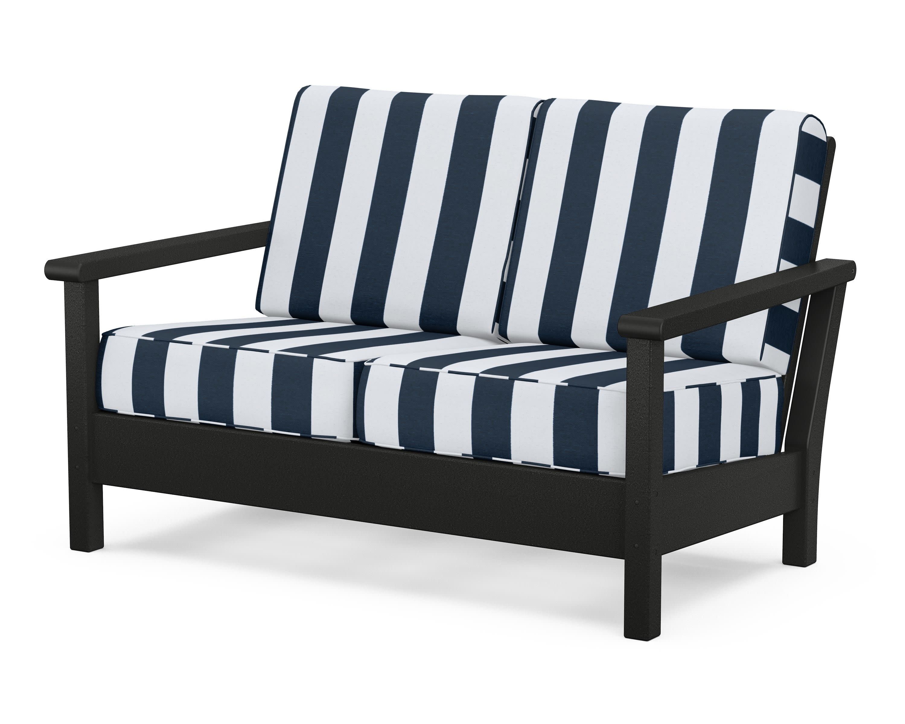 Harbour Deep Seating Loveseat in Black / Cabana Stripe Marine Indigo
