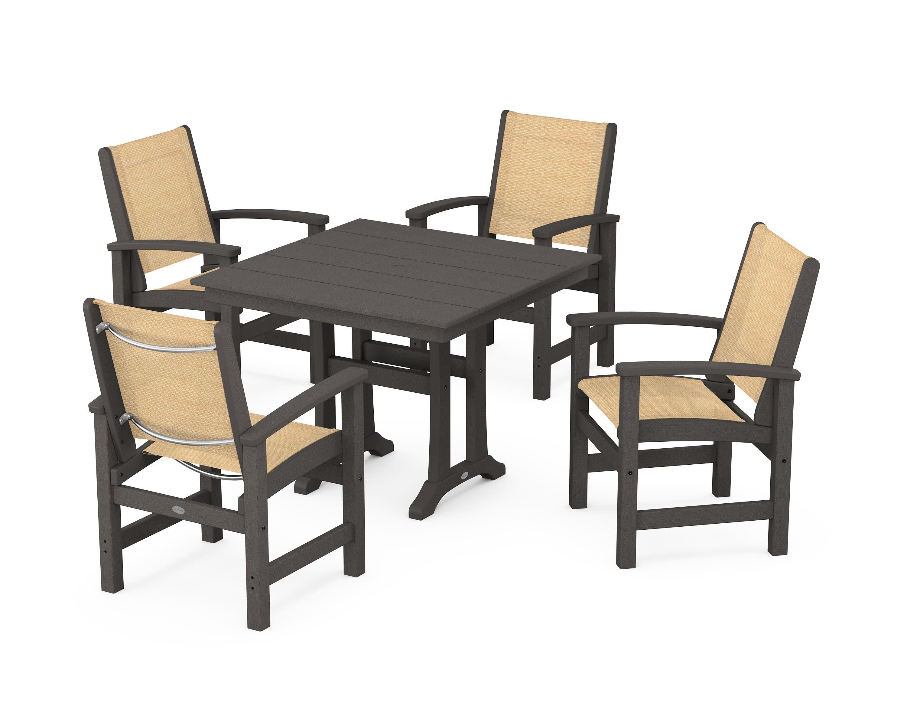 Coastal 5-Piece Farmhouse Dining Set With Trestle Legs in Vintage Coffee / Dupioni Apricot Sling