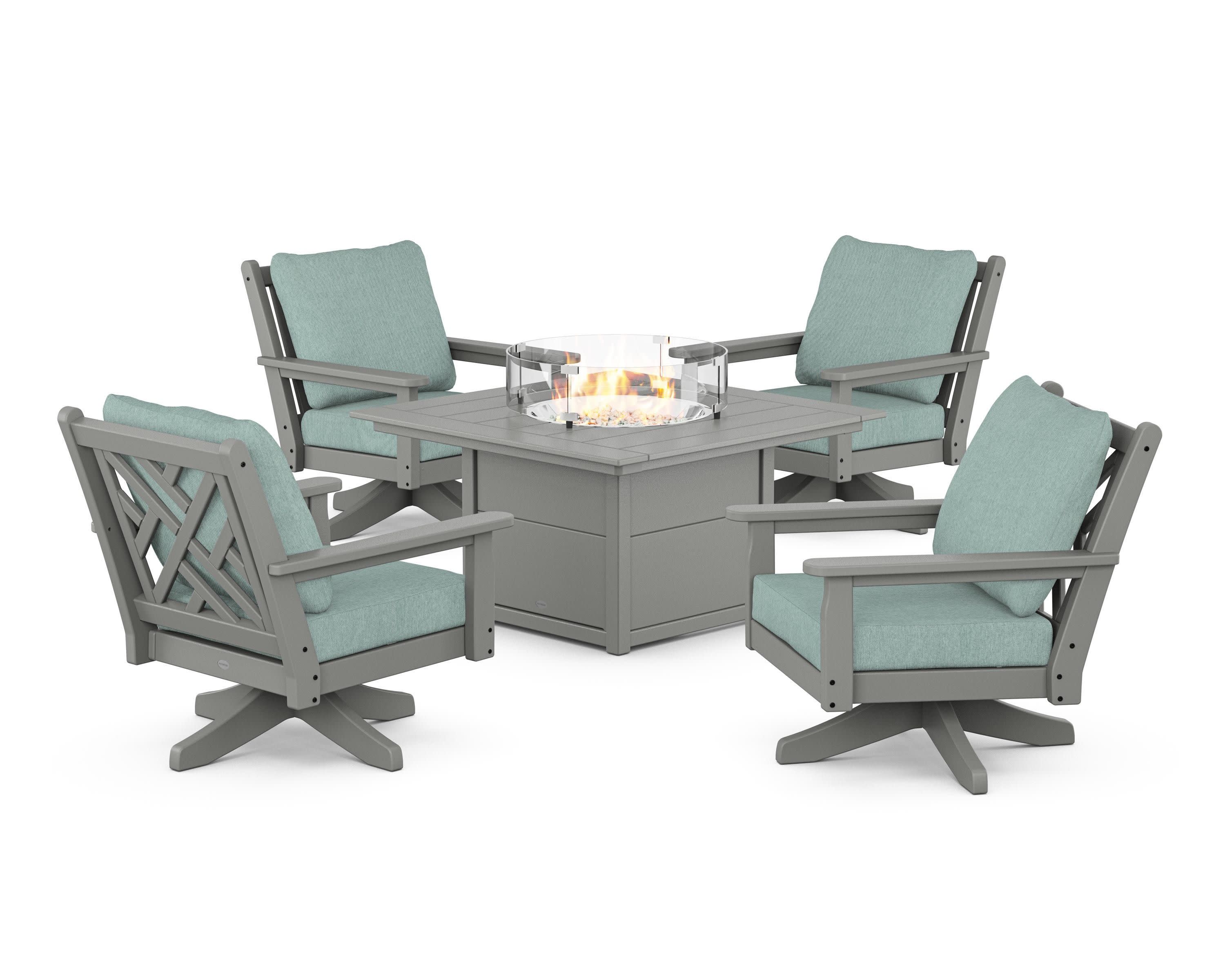 Chippendale 5-Piece Deep Seating Swivel Conversation Set with Fire Pit Table in Slate Grey / Glacier Spa