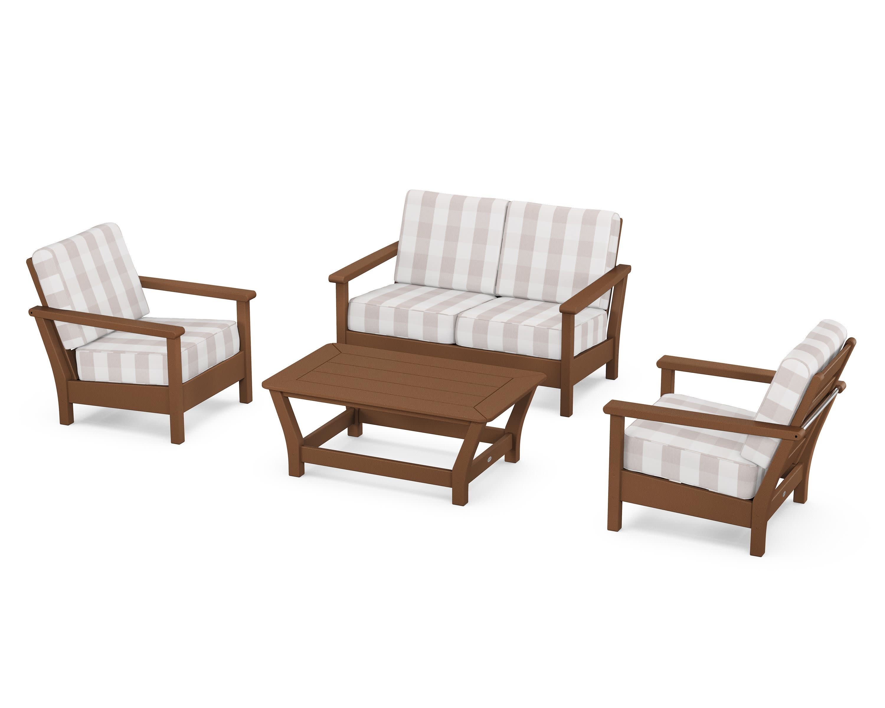Harbour 4-Piece Deep Seating Set in Teak / Buffalo Plaid Dune Burlap