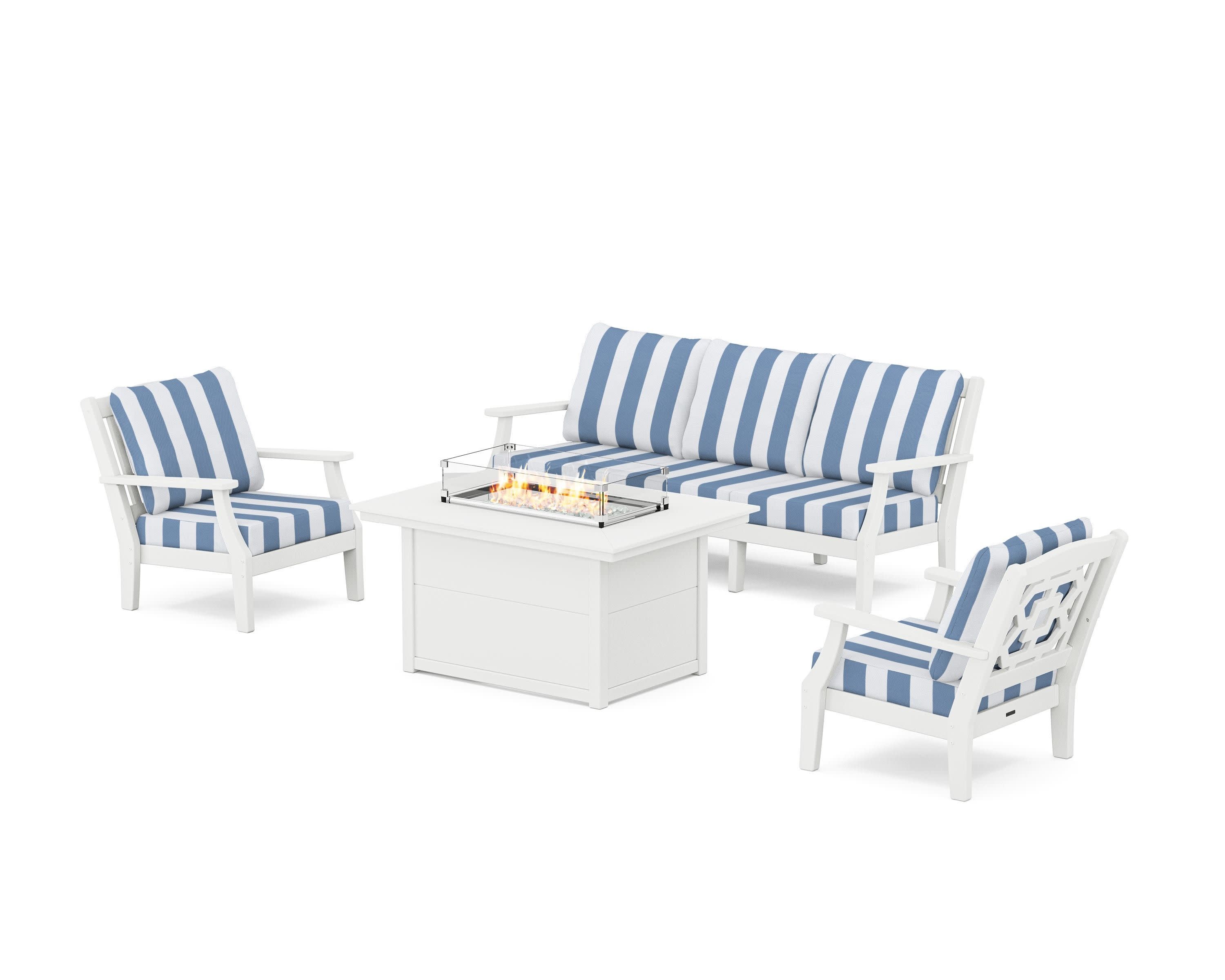 Chinoiserie Deep Seating Fire Pit Table Set in White / Cabana Stripe Sky Blue