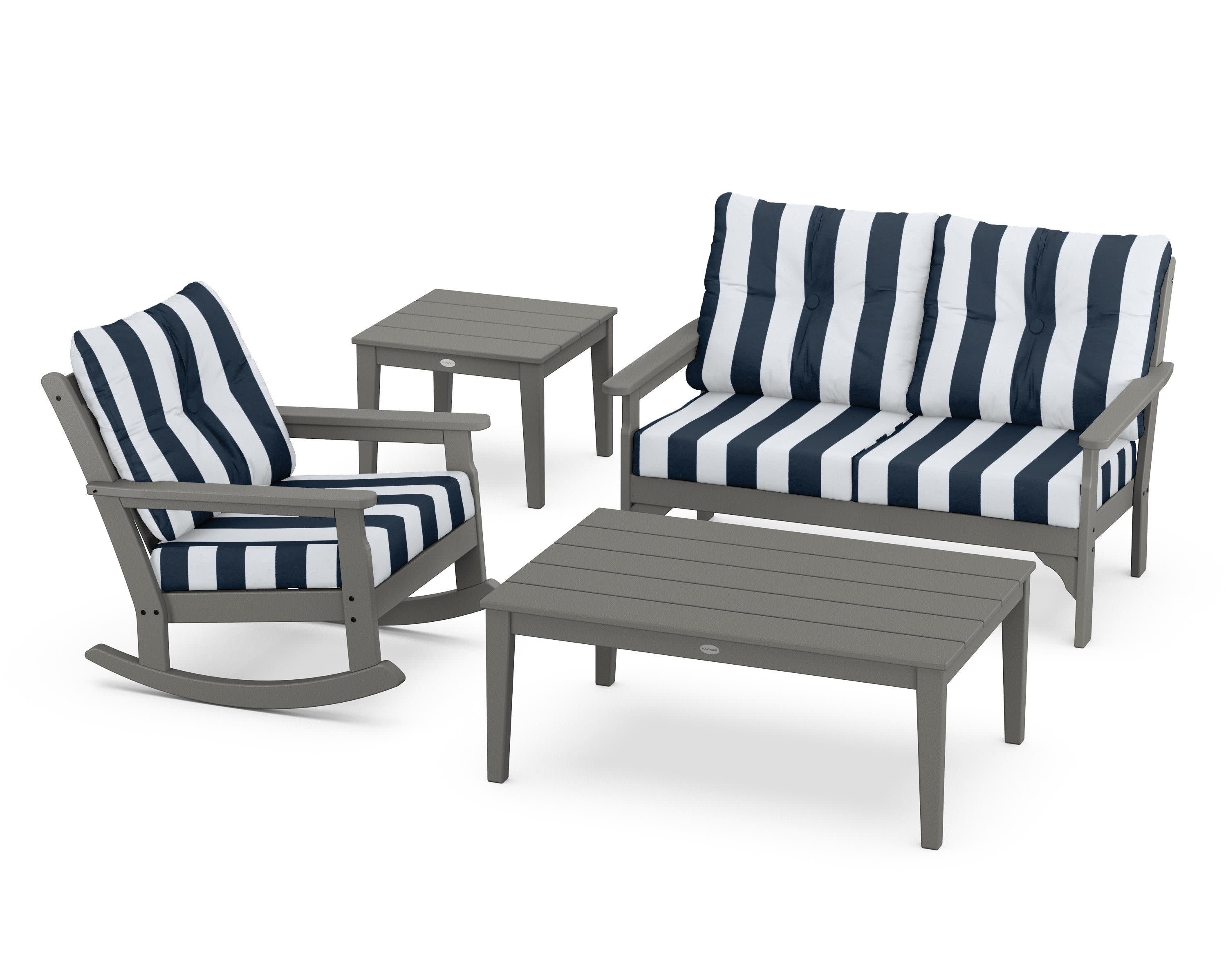Vineyard 4-Piece Deep Seating Rocker Set in Slate Grey / Cabana Stripe Marine Indigo