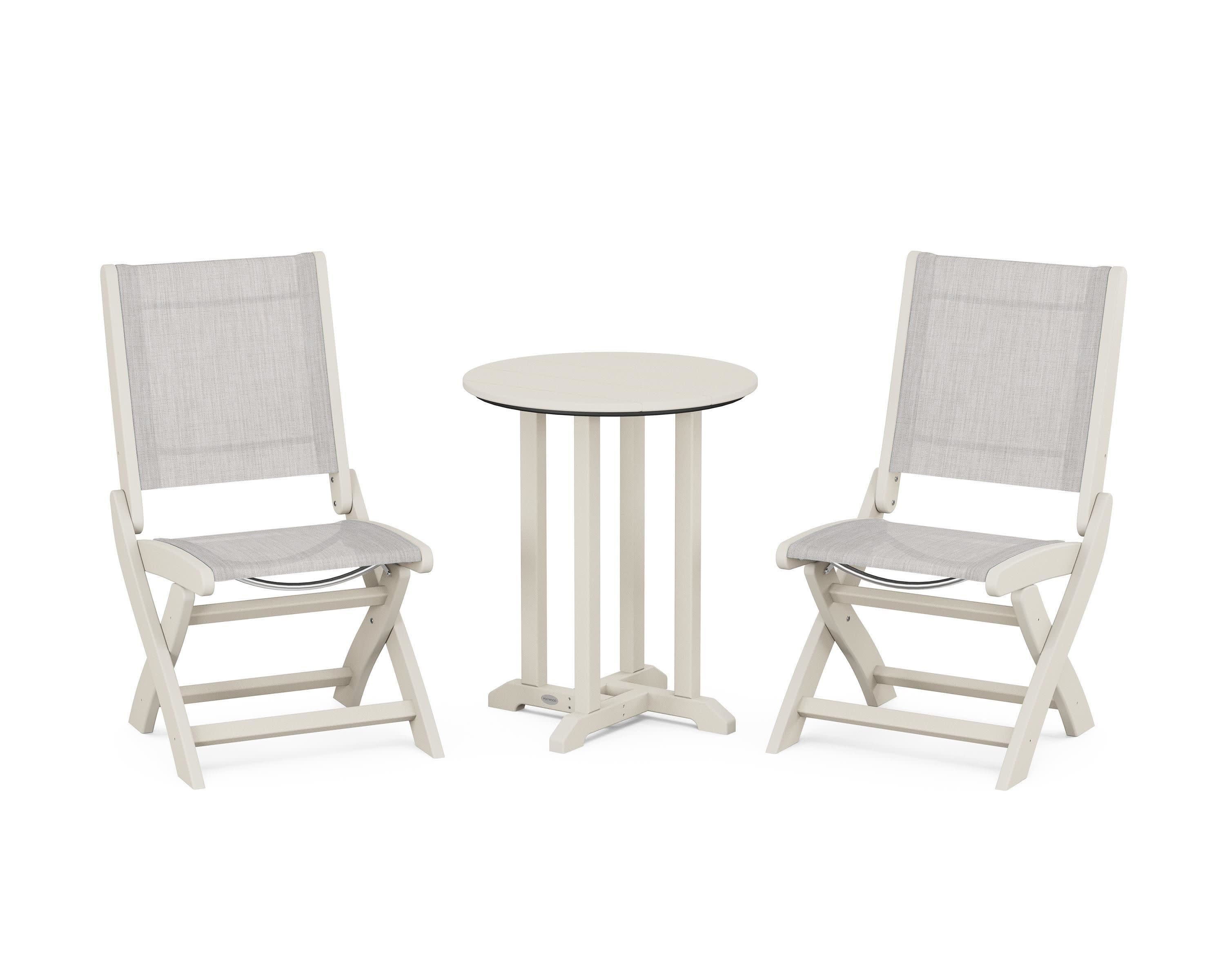Coastal Folding Side Chair 3-Piece Round Bistro Dining Set in Sand / Parchment Sling