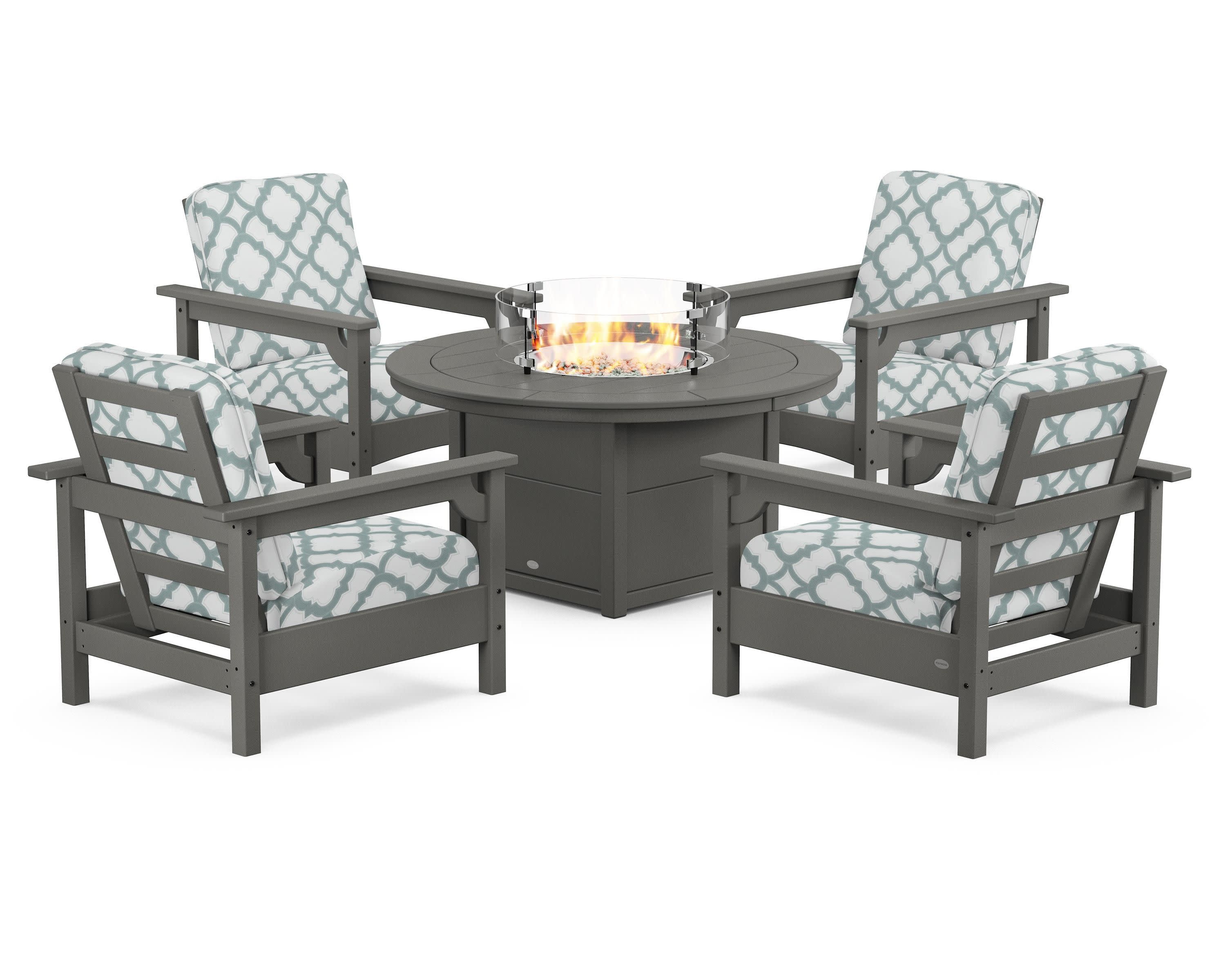 Club 5-Piece Conversation Set with Fire Pit Table in Slate Grey / Trellis Glacier Spa