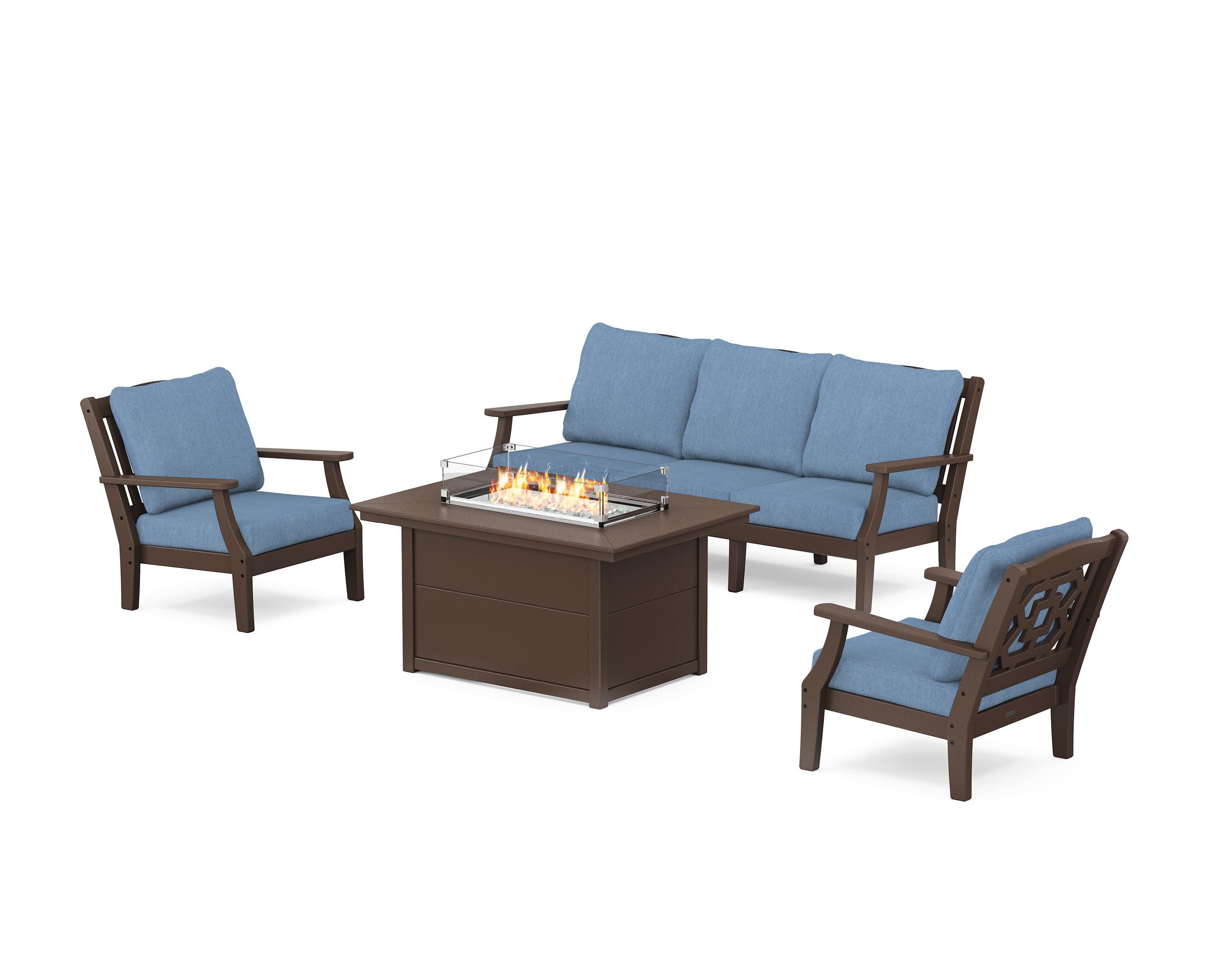Chinoiserie Deep Seating Fire Pit Table Set in Mahogany / Sky Blue