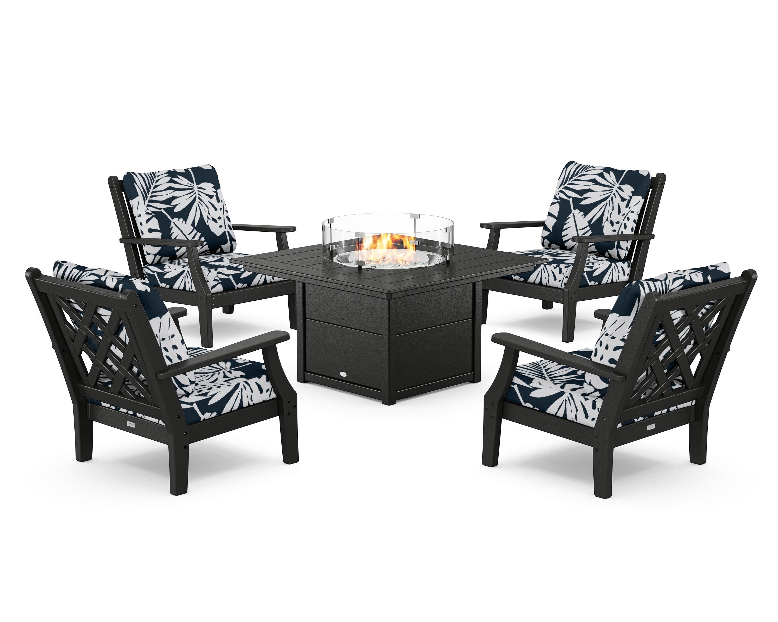 Wovendale 5-Piece Deep Seating Set with Fire Pit Table in Black / Leaf Marine Indigo