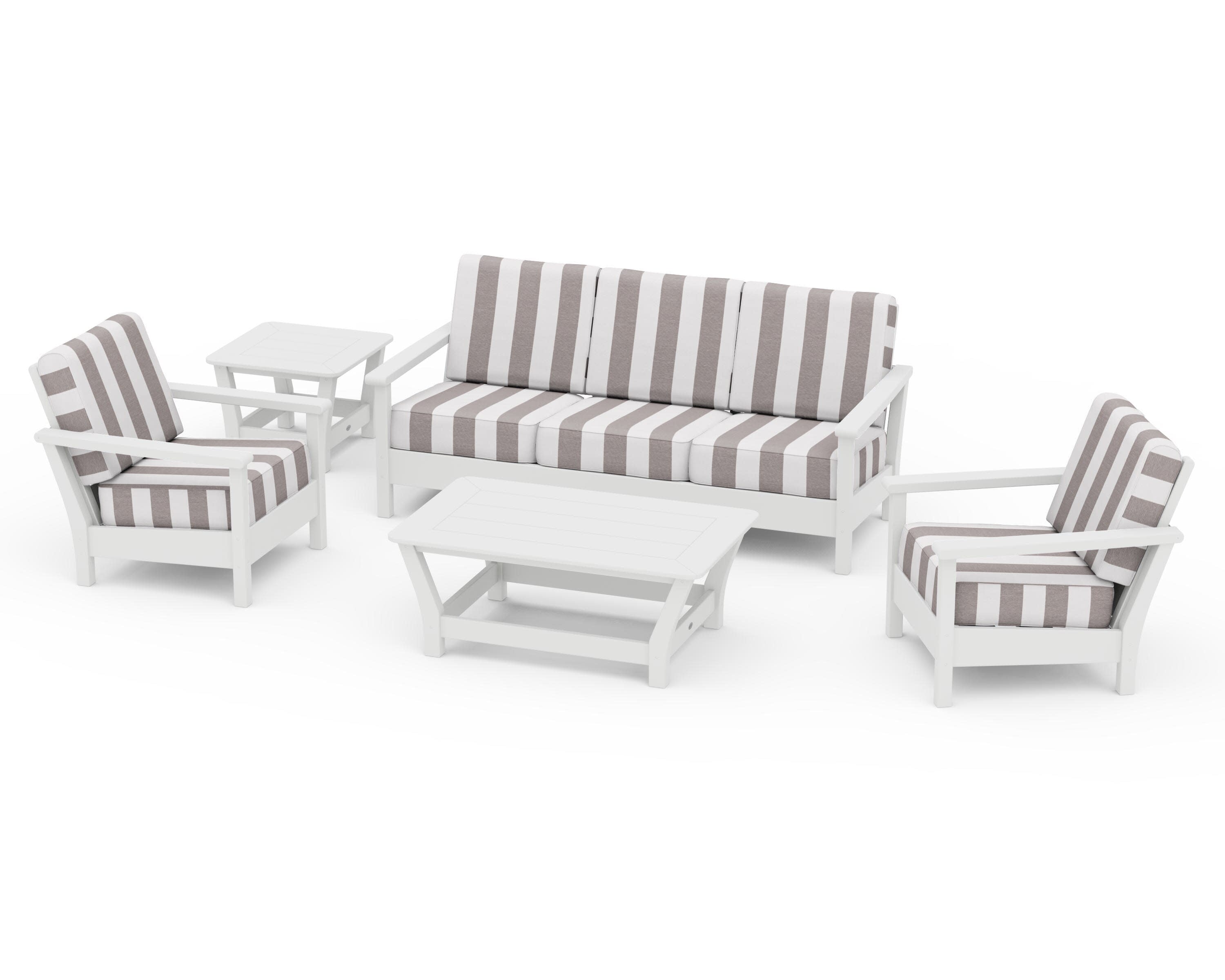 Harbour 5-Piece Deep Seating Set in White / Cabana Stripe Grey Mist