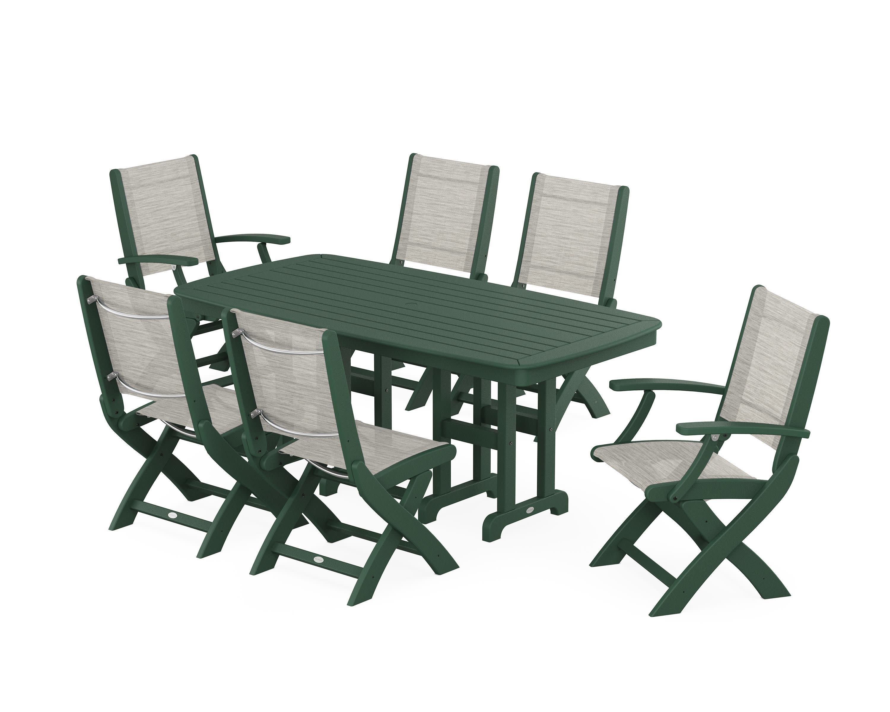 Coastal Folding Chair 7-Piece Dining Set in Green / Birch Sling