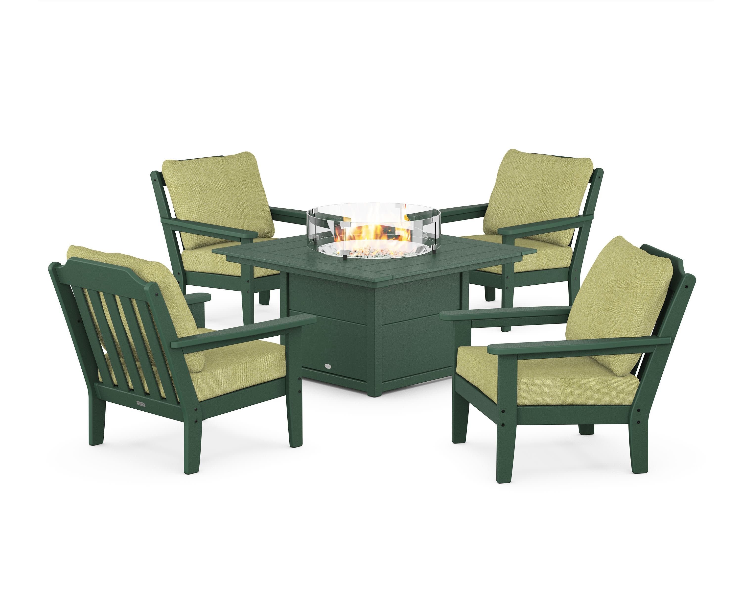 Cottage 5-Piece Deep Seating Set with Fire Pit Table in Green / Chartreuse Boucle