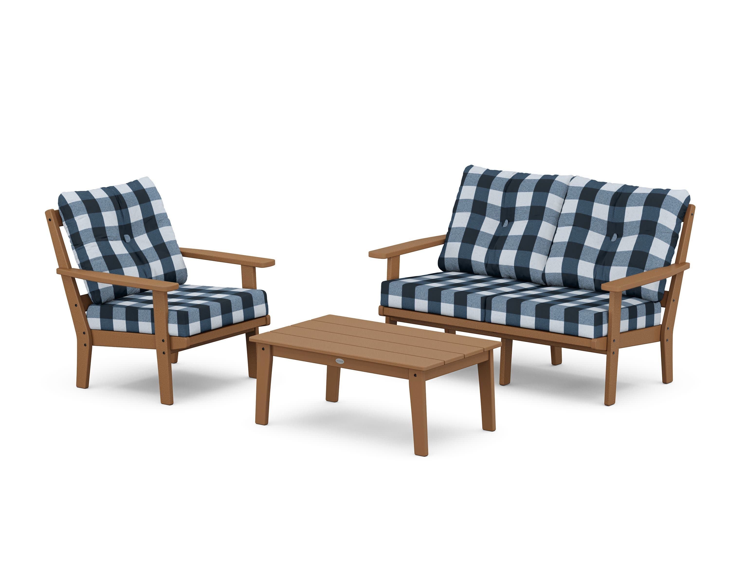 Oxford 3-Piece Deep Seating Set with Loveseat in Teak / Buffalo Plaid Marine Indigo
