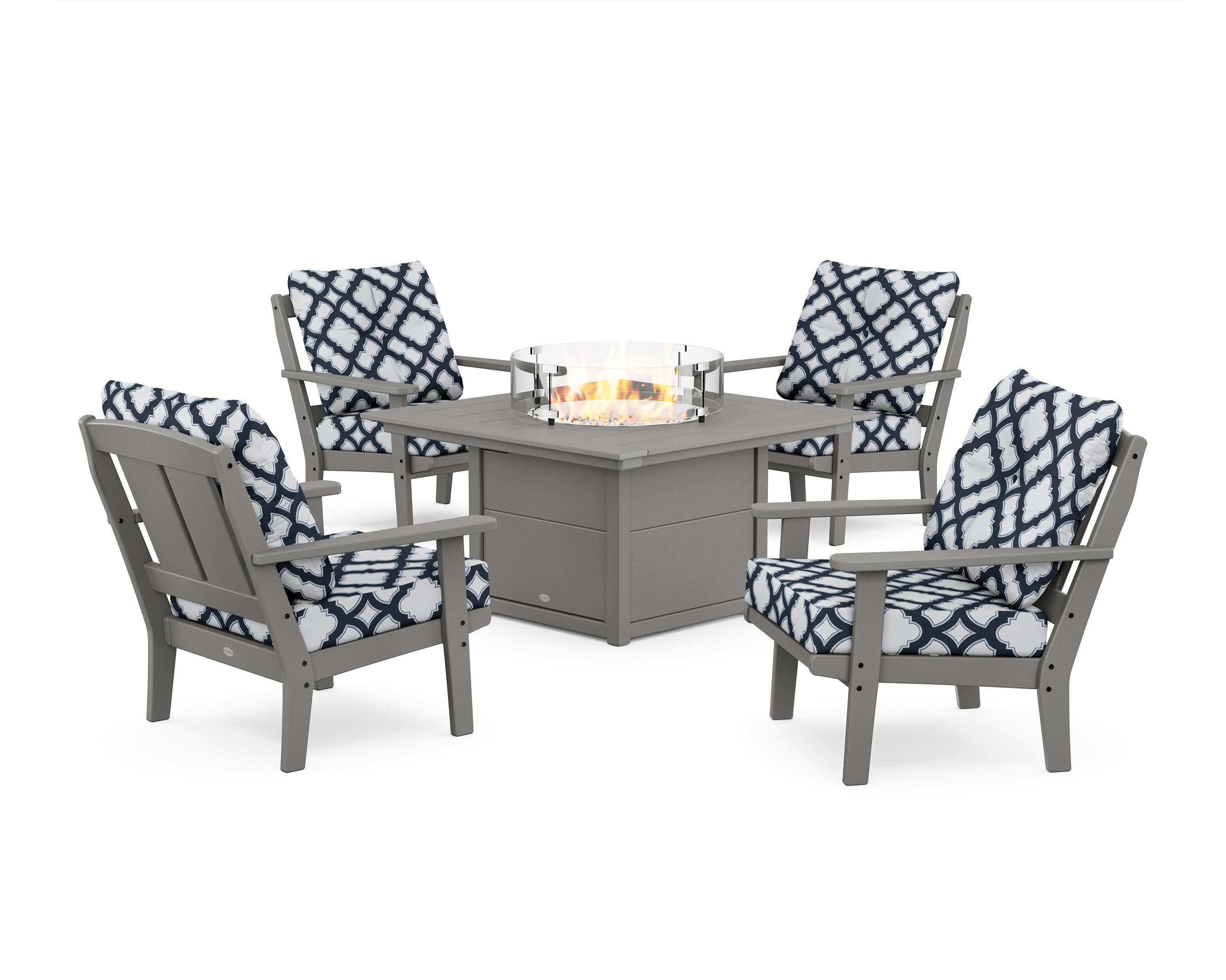 Mission 5-Piece Deep Seating Set with Fire Pit Table in Slate Grey / Trellis Marine Indigo