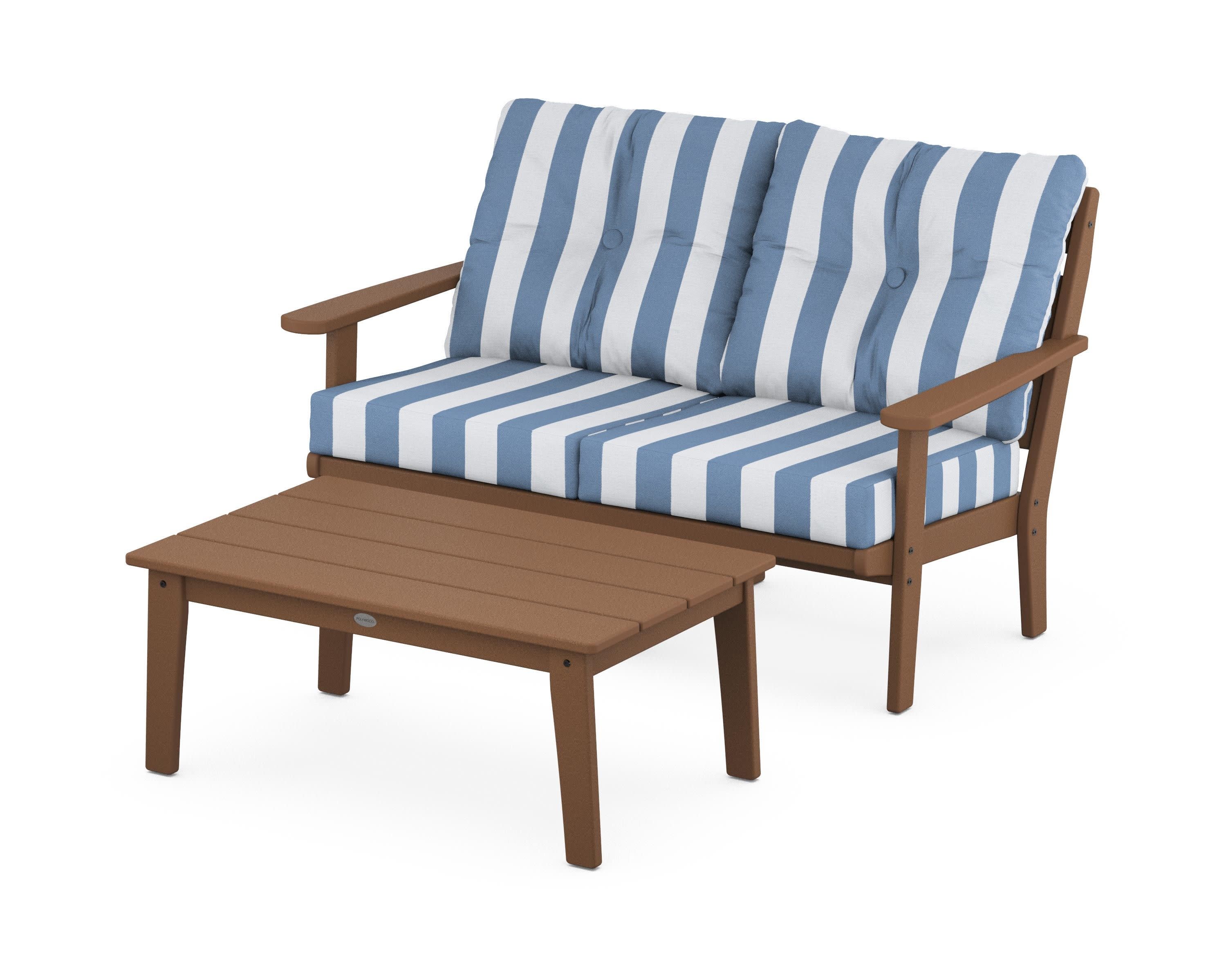 Lakeside 2-Piece Lounge Loveseat Set in Teak / Cabana Stripe Sky Blue