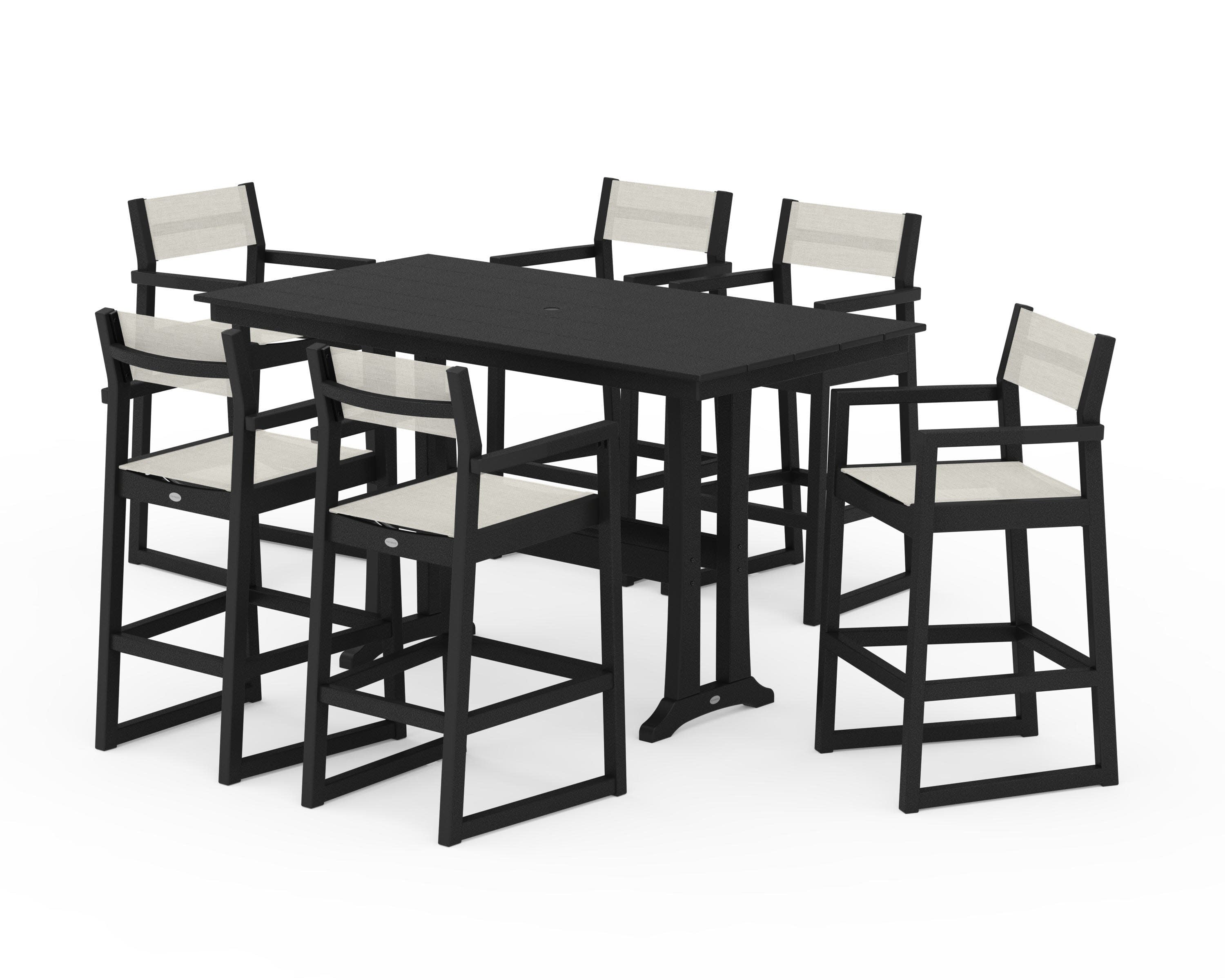 EDGE Sling Arm Chair 7-Piece Farmhouse Bar Set with Trestle Legs in Black / Parchment Sling