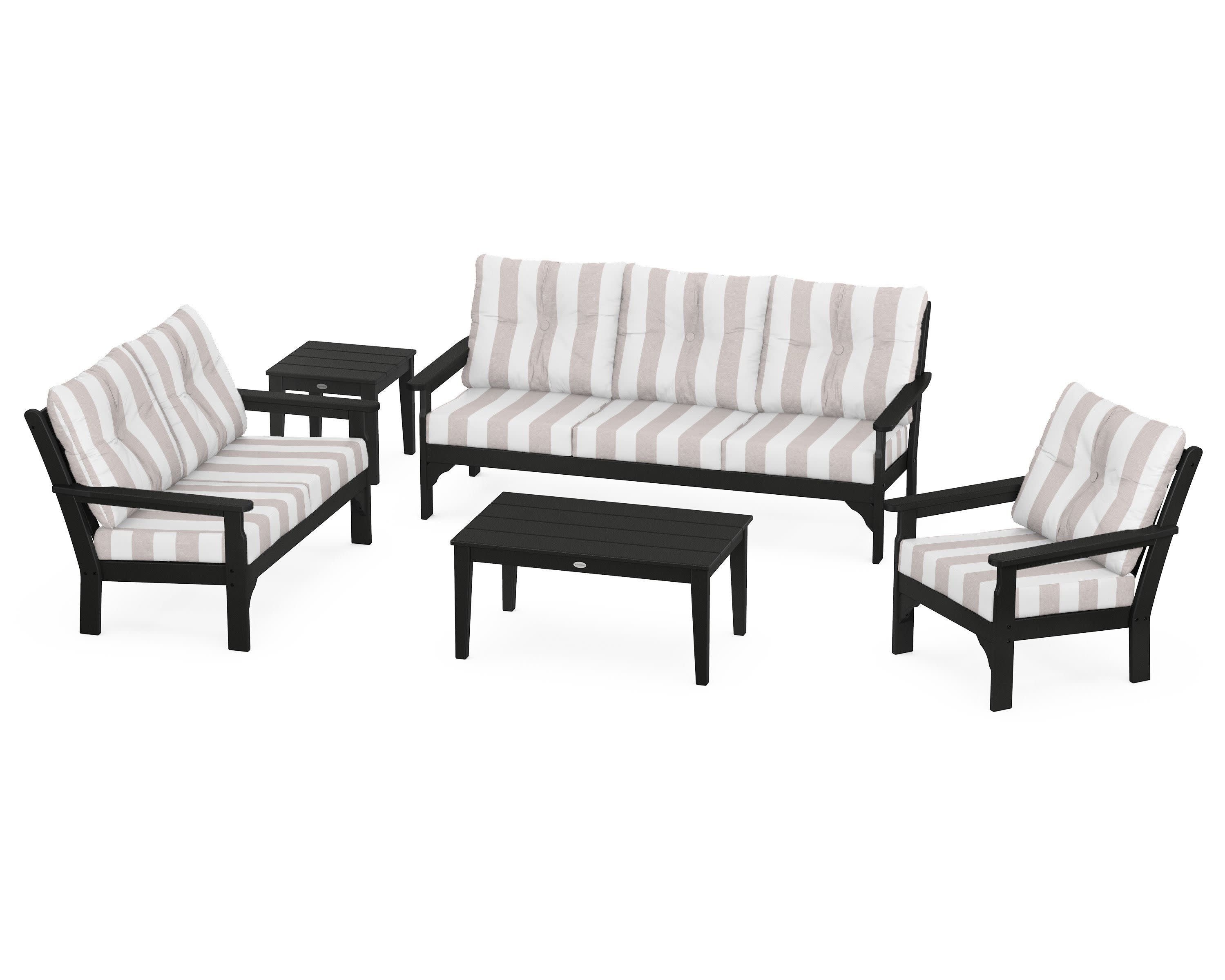 Vineyard 5 Piece Deep Seating Set in Black / Cabana Stripe Dune Burlap