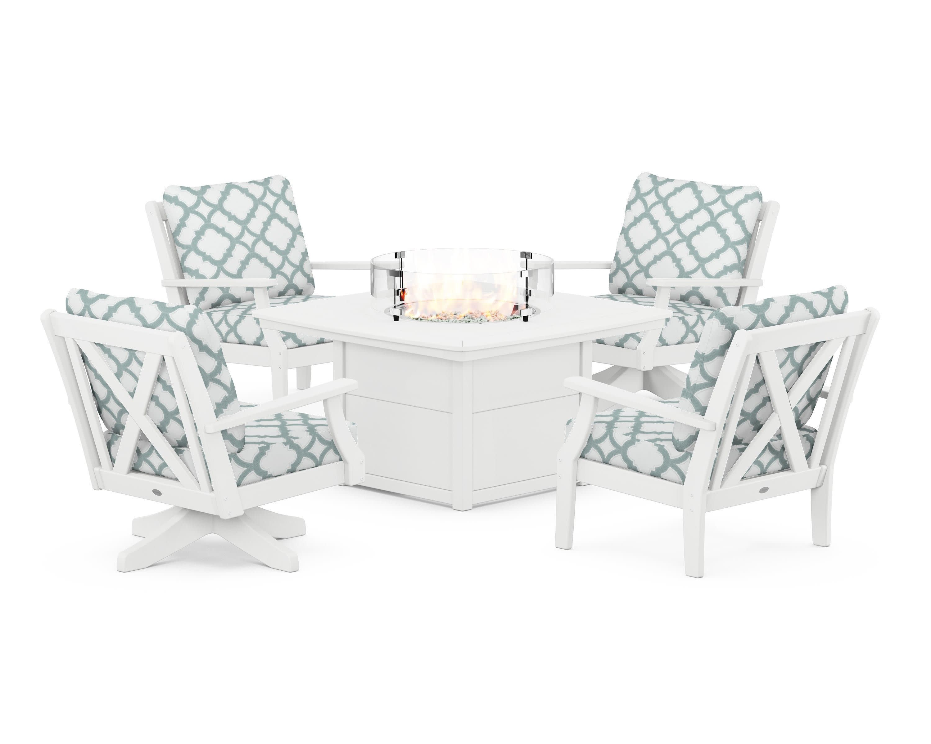 Braxton 5-Piece Deep Seating Set with Fire Table in White / Trellis Glacier Spa