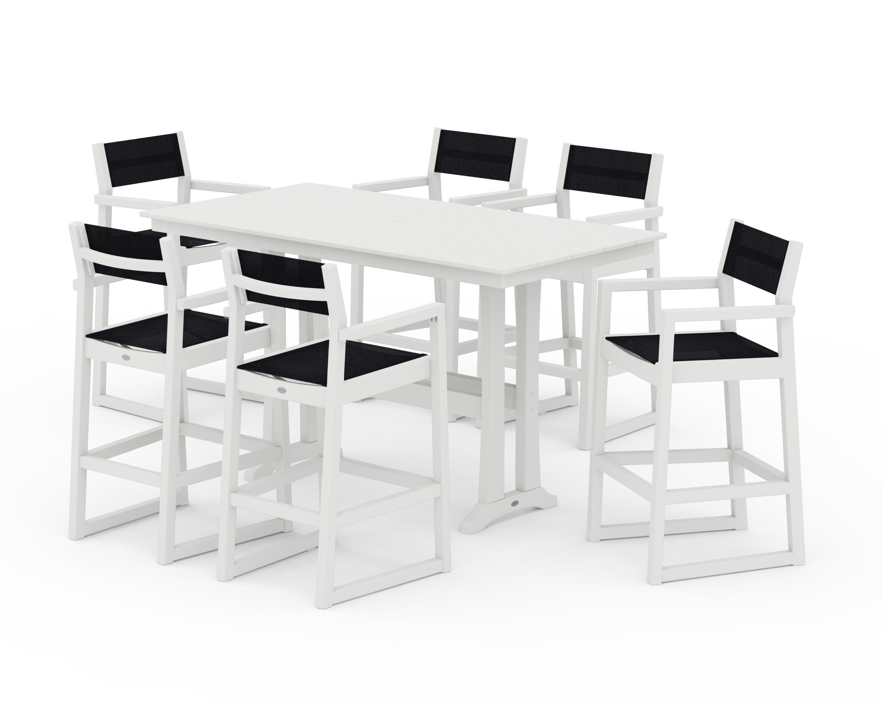 EDGE Sling Arm Chair 7-Piece Farmhouse Bar Set with Trestle Legs in Vintage White / Black Sling