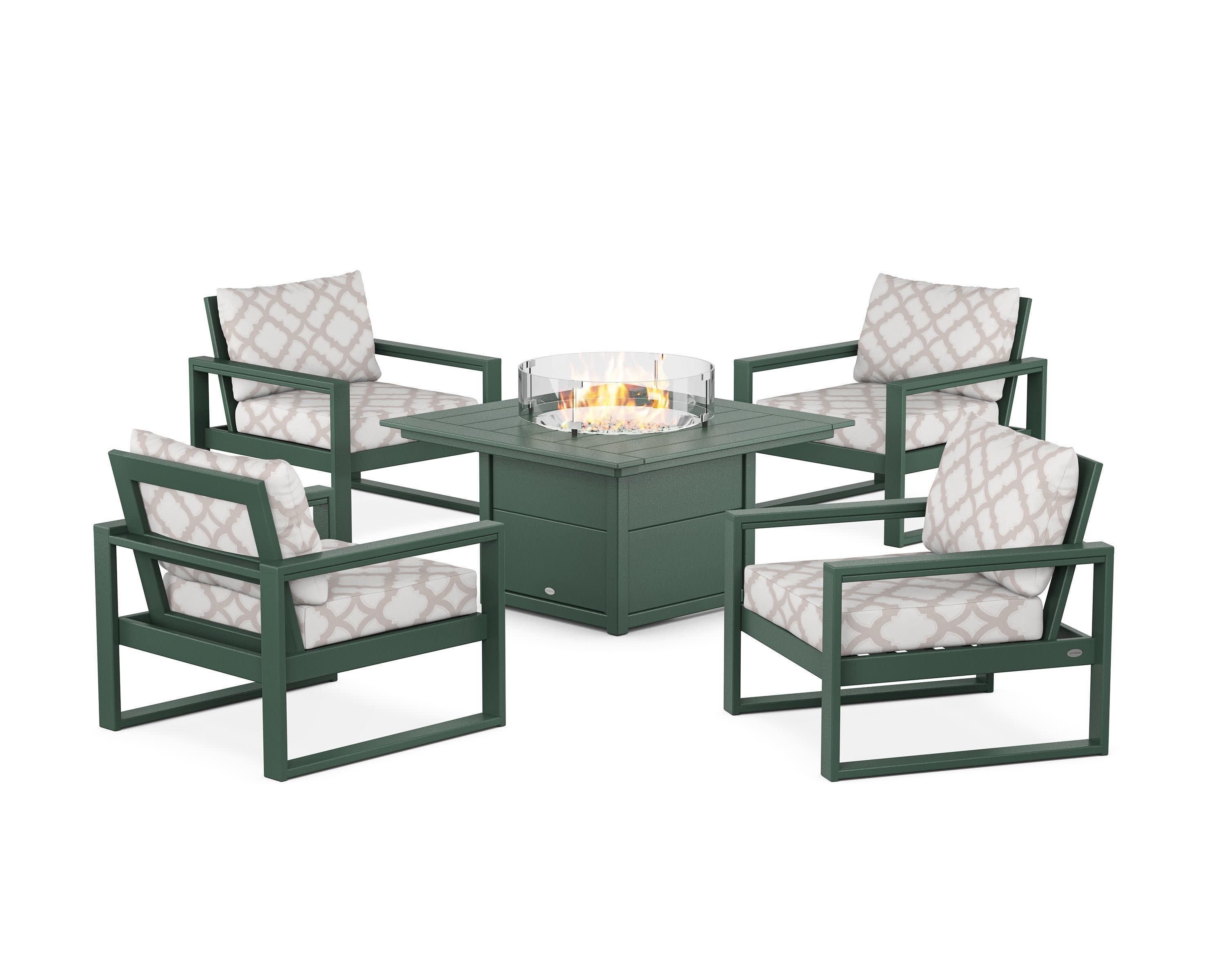 EDGE Sectional 5-Piece Deep Seating Set with Fire Pit Table in Green / Trellis Dune Burlap