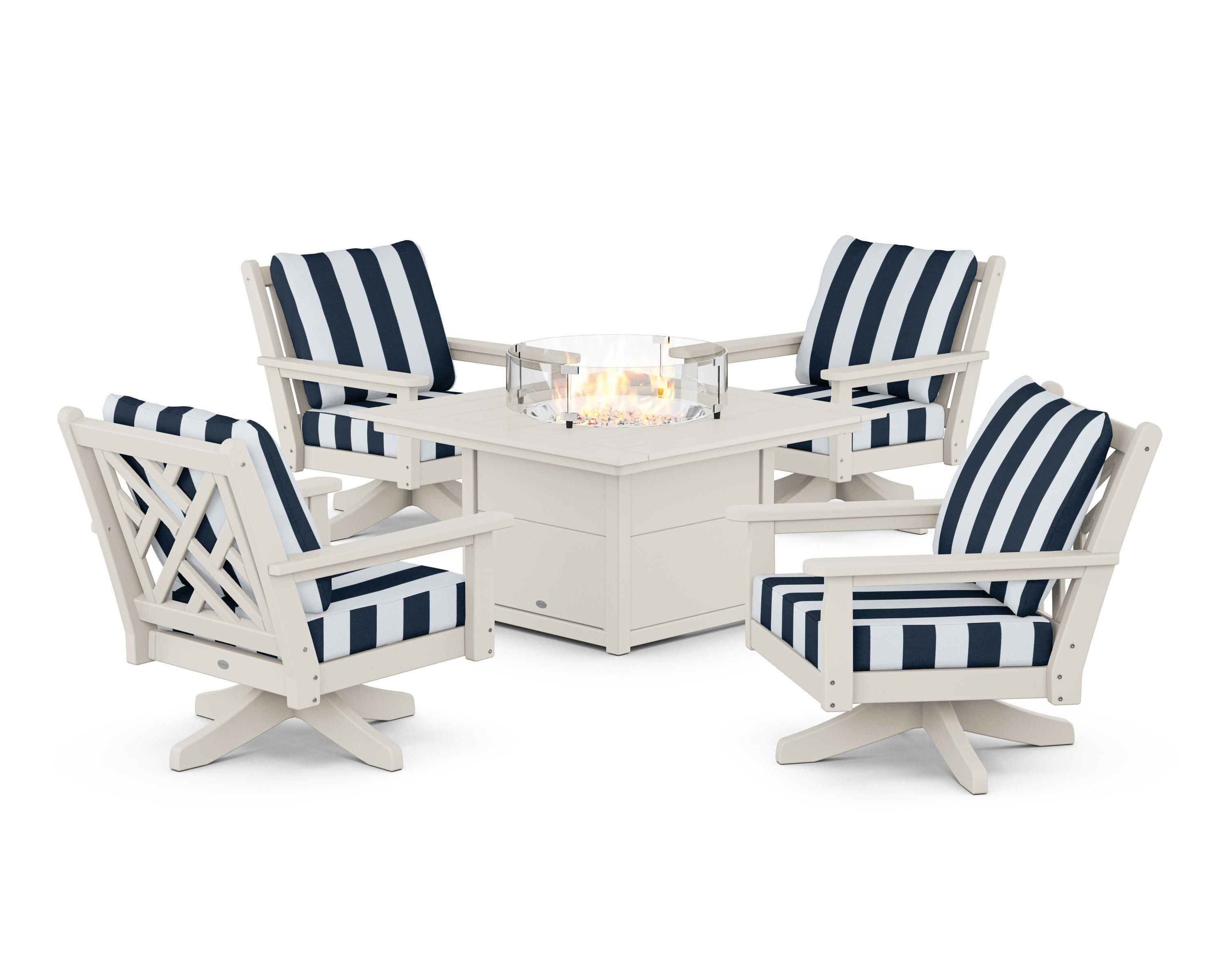 Chippendale 5-Piece Deep Seating Swivel Conversation Set with Fire Pit Table in Sand / Cabana Stripe Marine Indigo