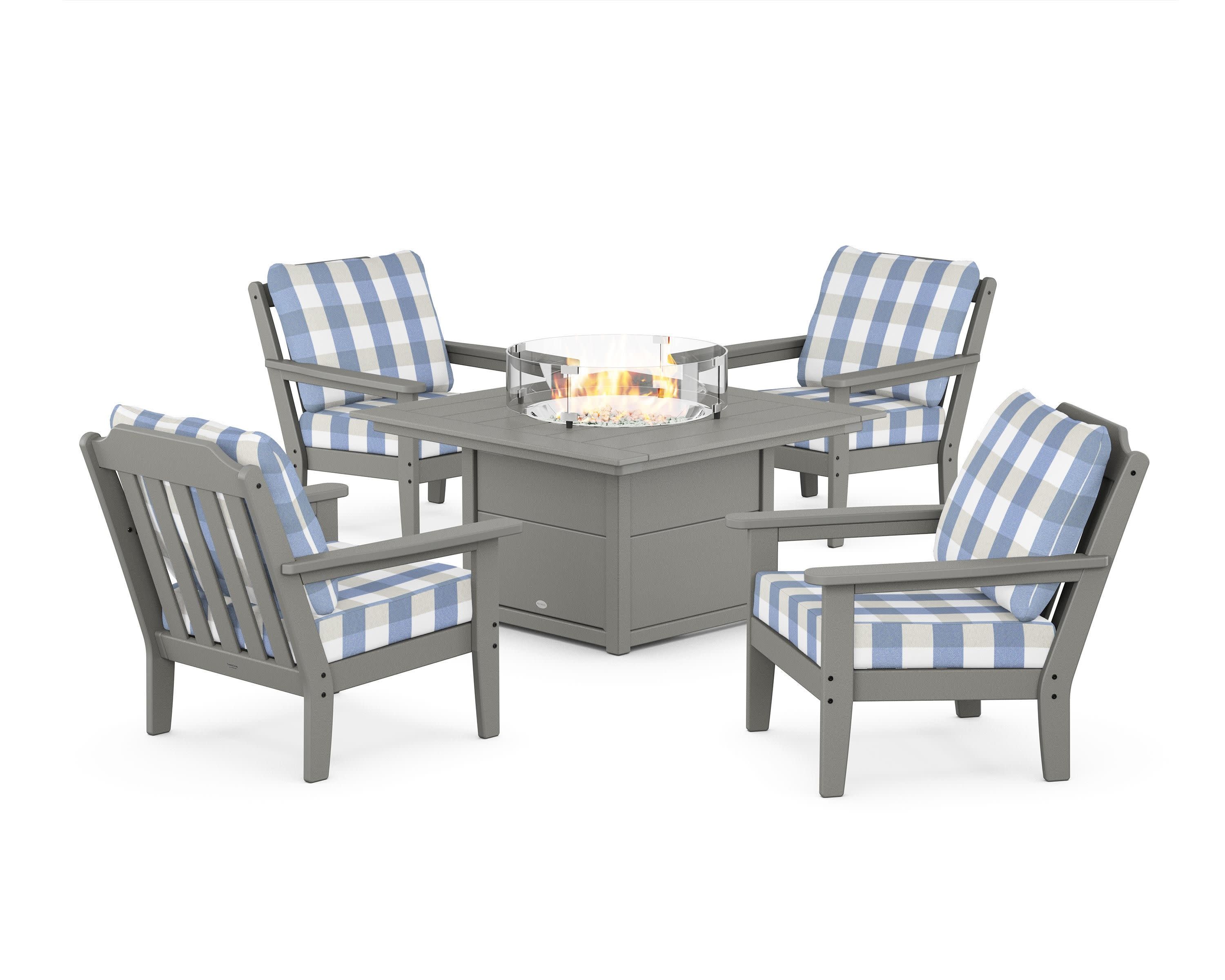 Cottage 5-Piece Deep Seating Set with Fire Pit Table in Slate Grey / Buffalo Plaid Sky Blue