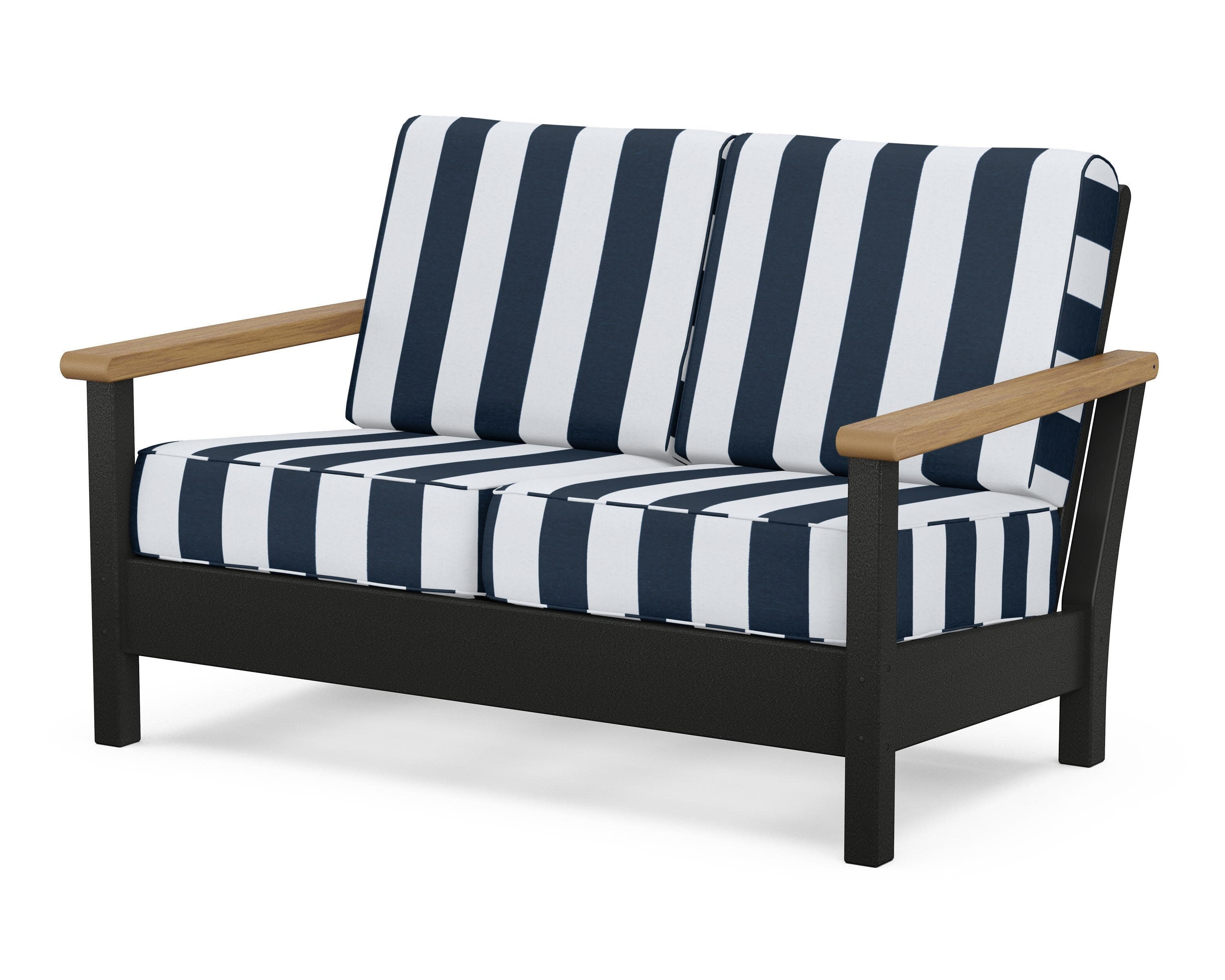 Harbour Deep Seating Loveseat in Black / Natural / Cabana Stripe Marine Indigo