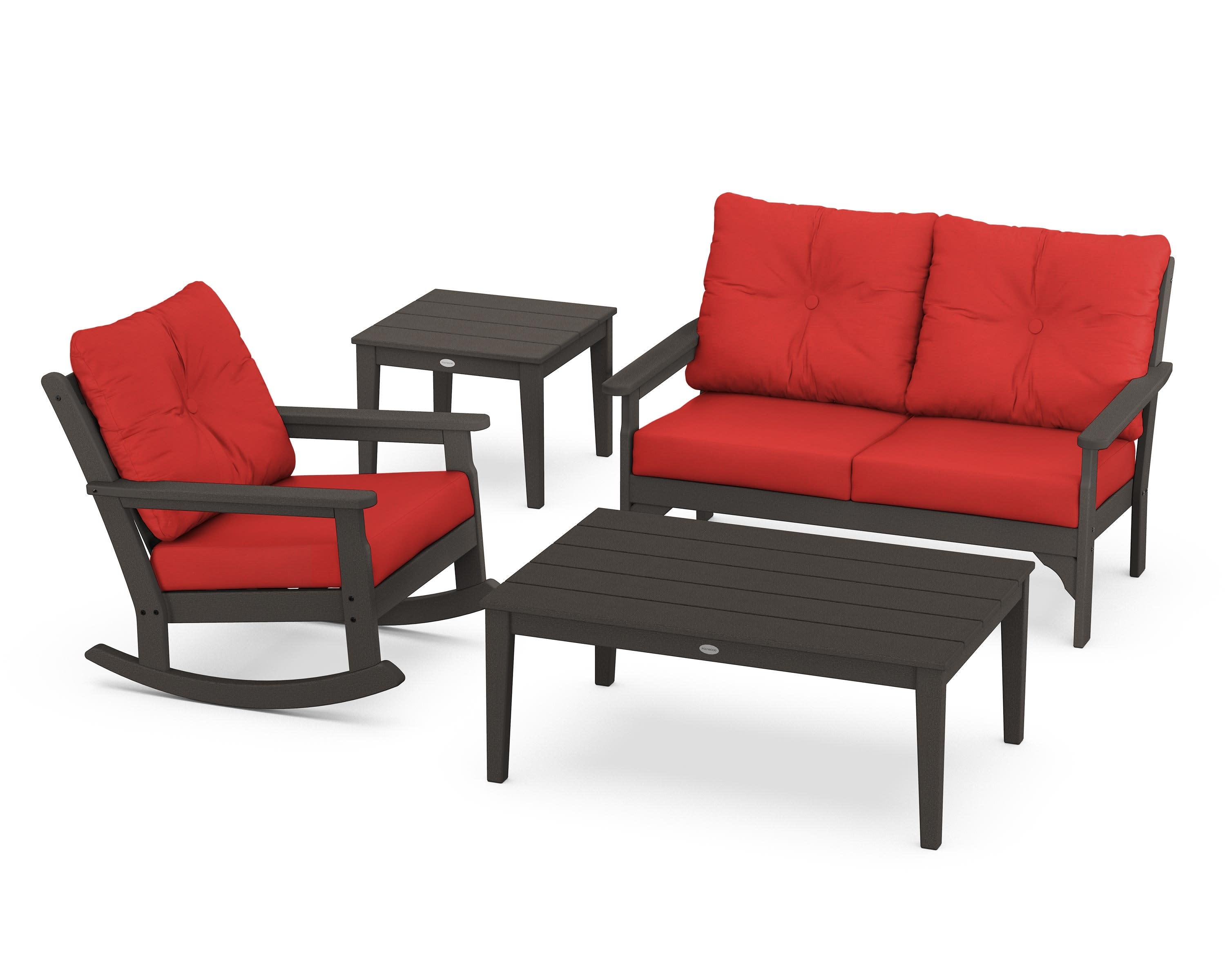 Vineyard 4-Piece Deep Seating Rocker Set in Vintage Coffee / Crimson Linen
