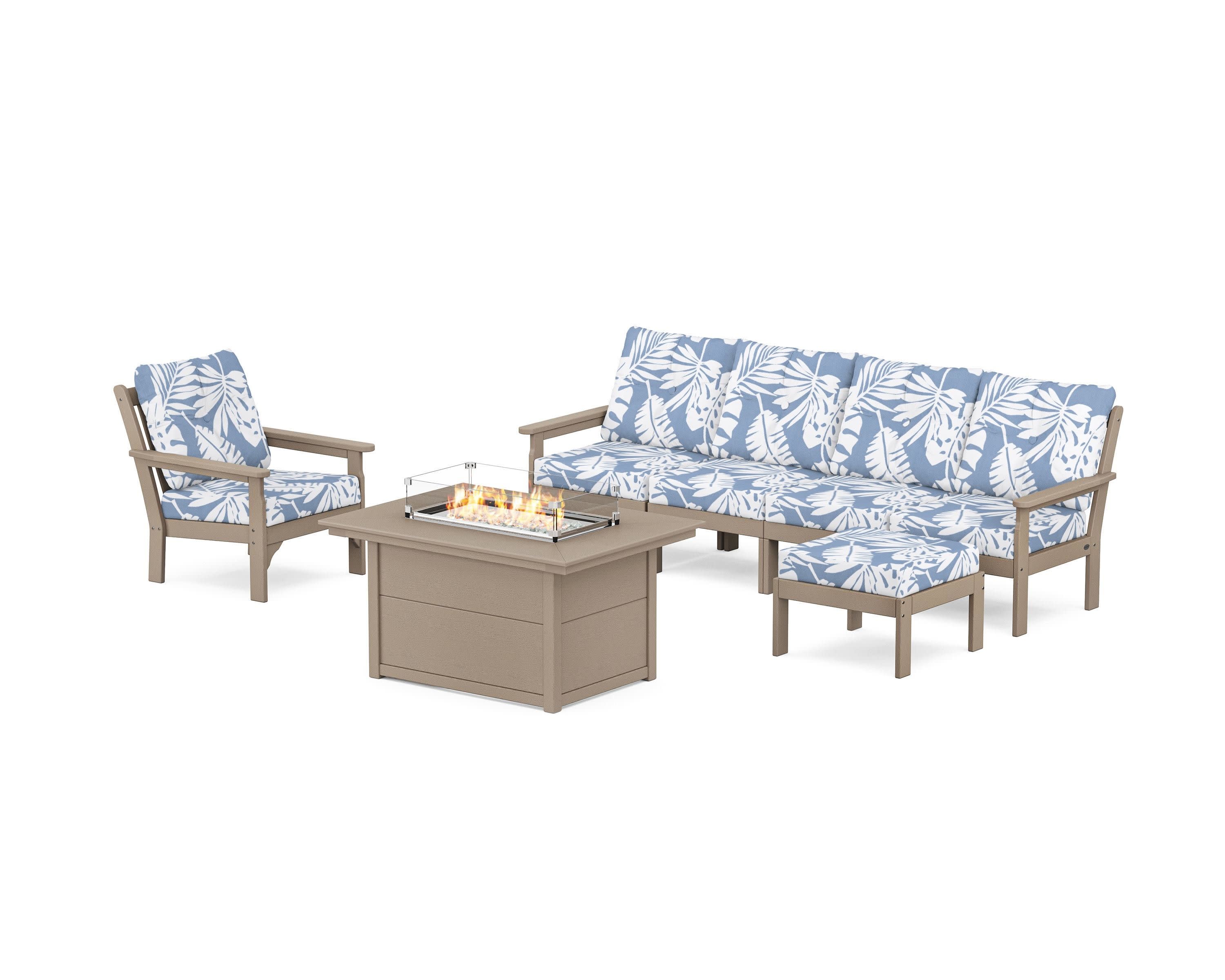 Vineyard Sectional Lounge and Fire Pit Set in Vintage Sahara / Leaf Sky Blue
