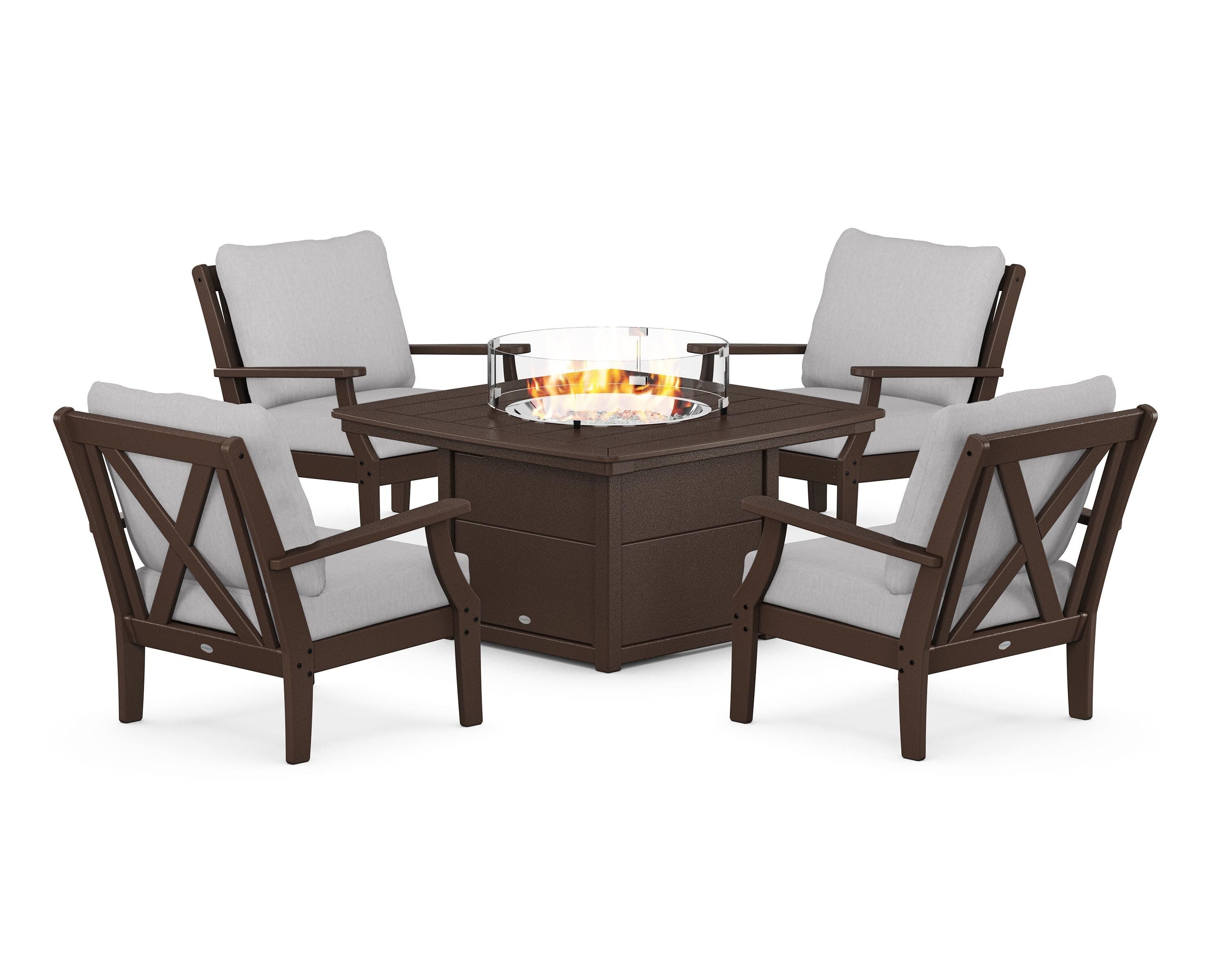 Braxton 5-Piece Deep Seating Conversation Set with Fire Pit Table in Mahogany / Granite
