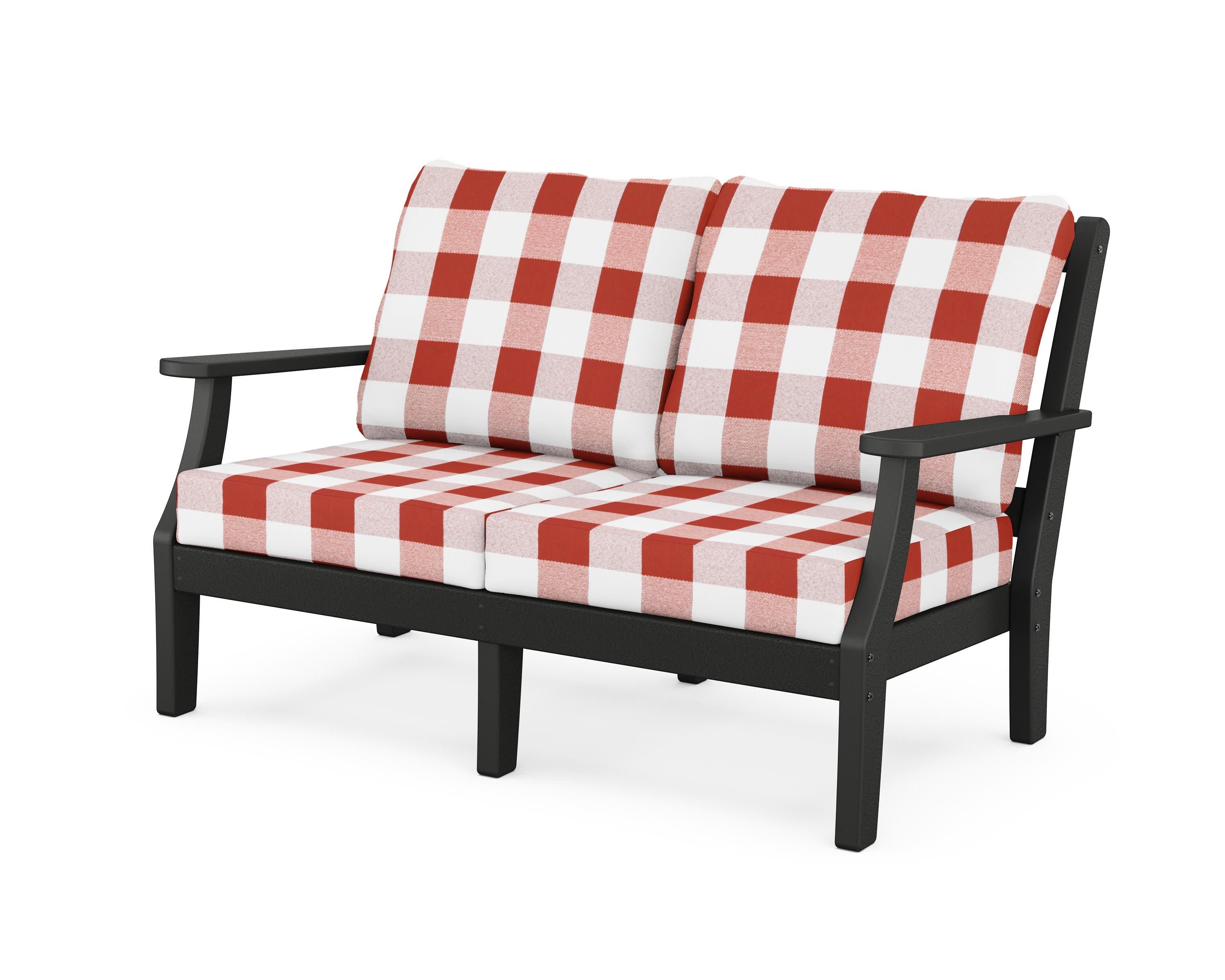 Chinoiserie Deep Seating Loveseat in Black / Buffalo Plaid Crimson