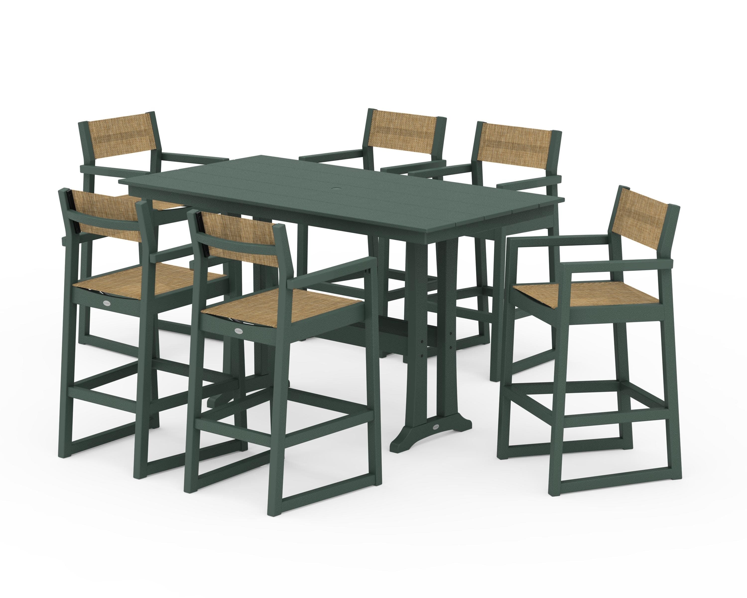 EDGE Sling Arm Chair 7-Piece Farmhouse Bar Set with Trestle Legs in Green / Burlap Sling