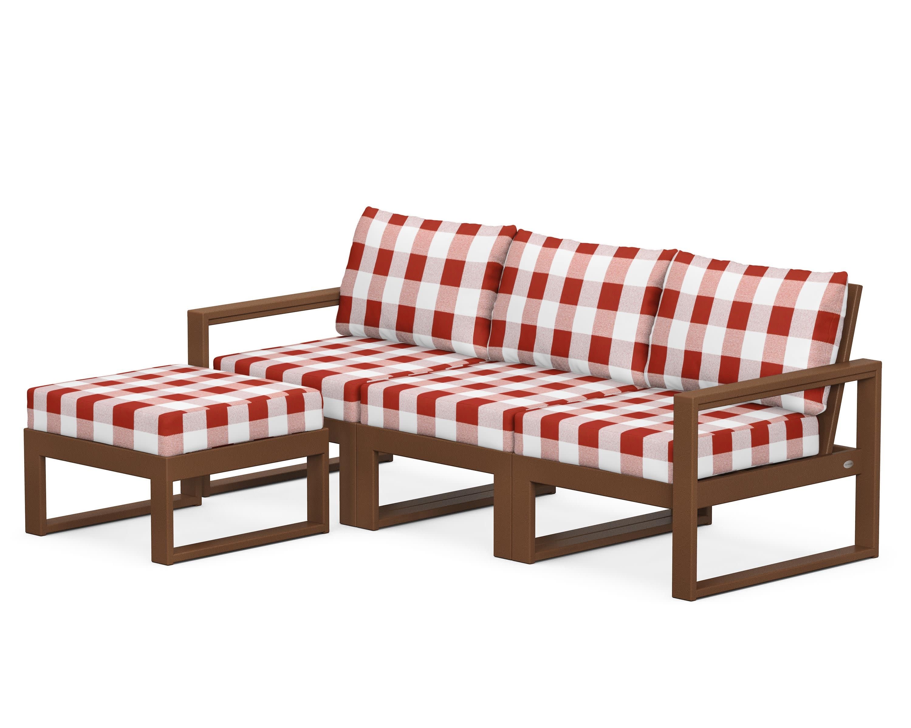 EDGE 4-Piece Modular Deep Seating Set with Ottoman in Teak / Buffalo Plaid Crimson