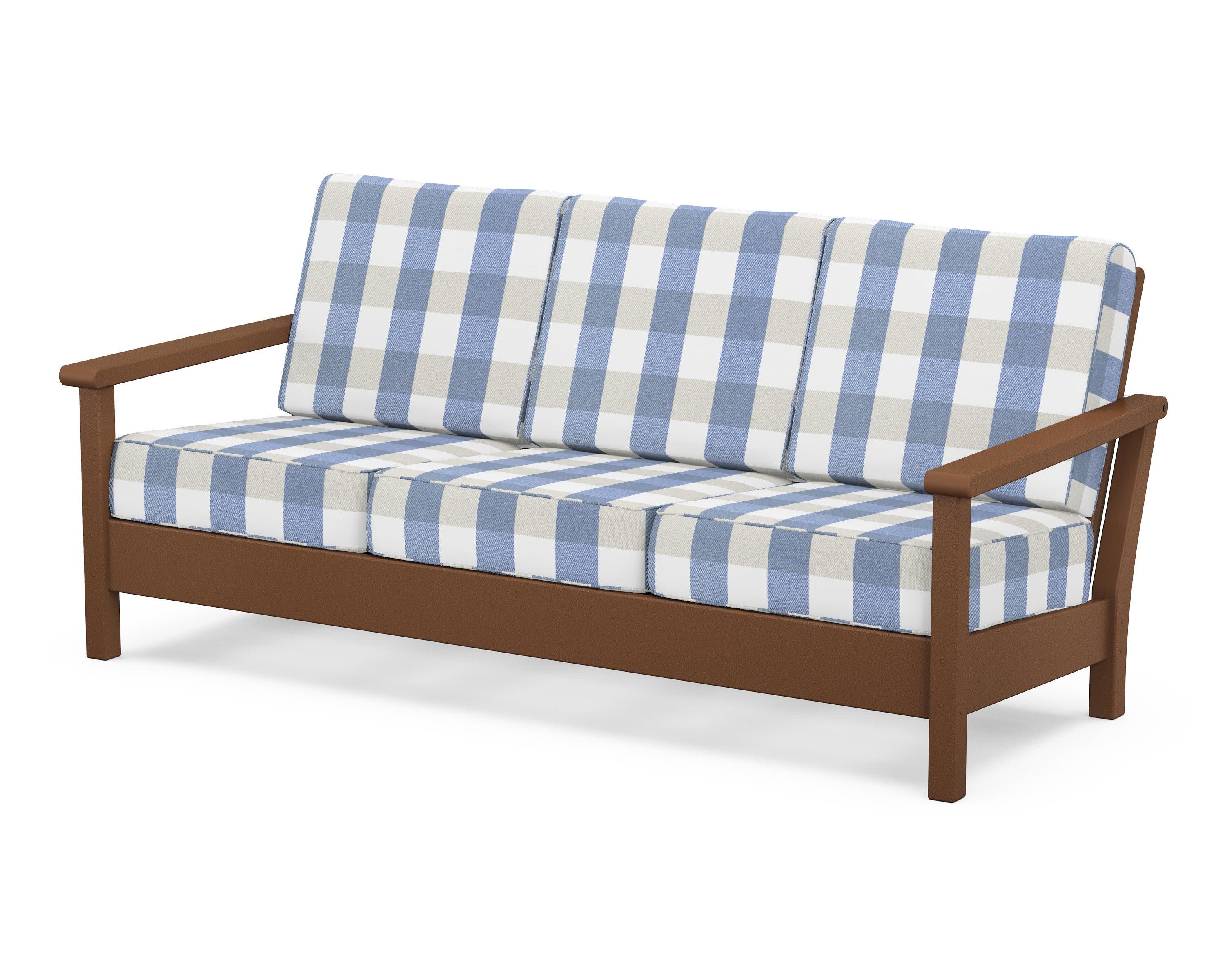 Harbour Deep Seating Sofa in Teak / Buffalo Plaid Sky Blue