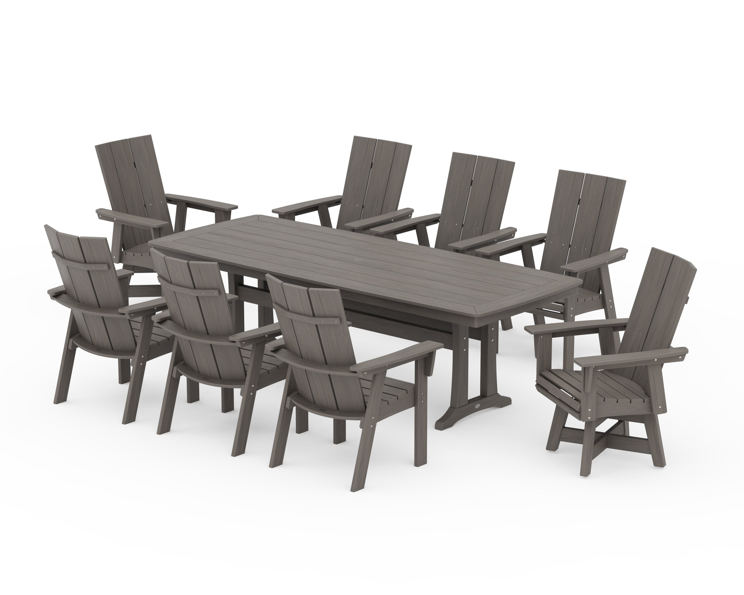 Modern Curveback Adirondack Swivel 9-Piece Dining Set with Trestle Legs in Driftwood