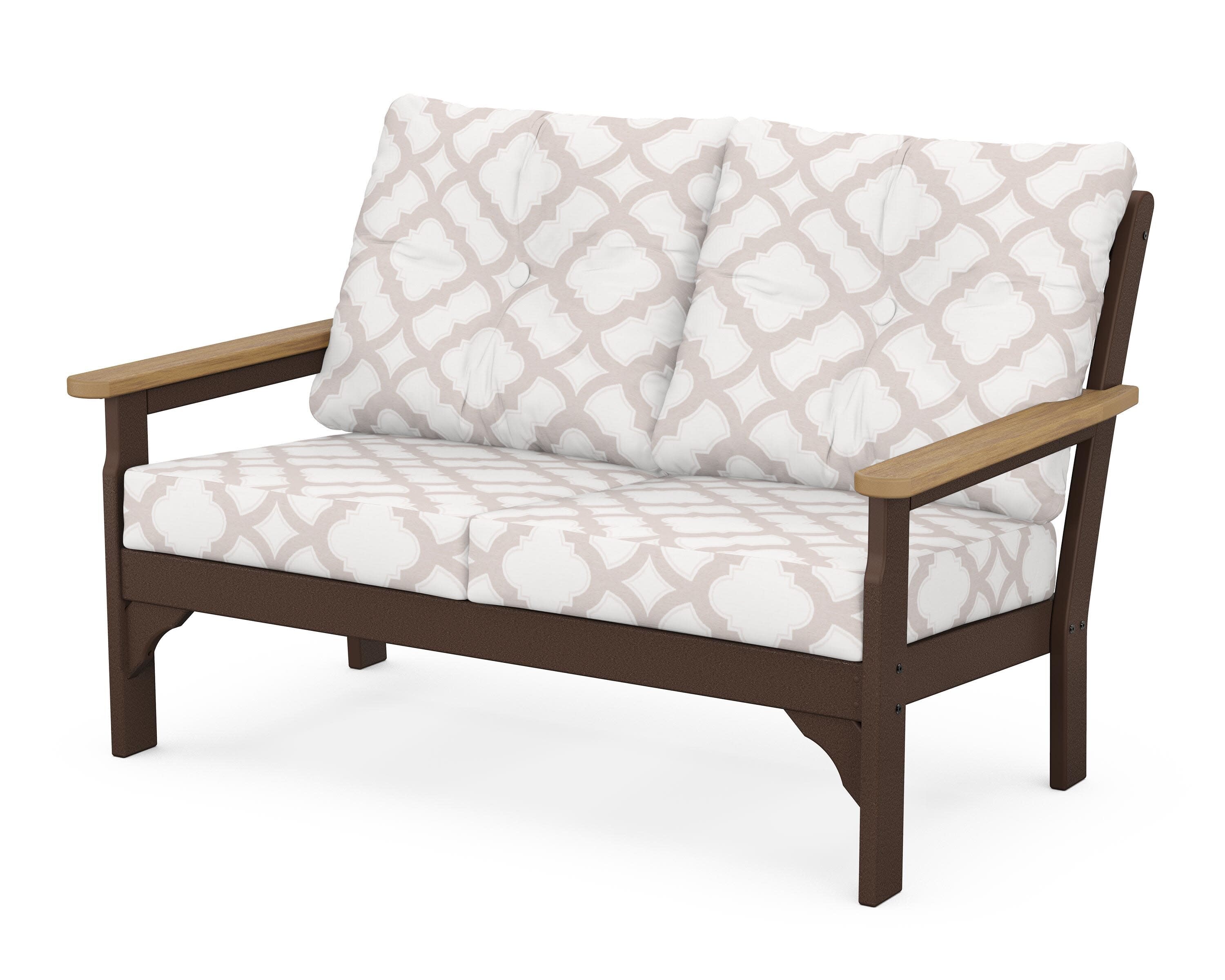 Vineyard Deep Seating Loveseat in Mahogany / Natural / Trellis Dune Burlap