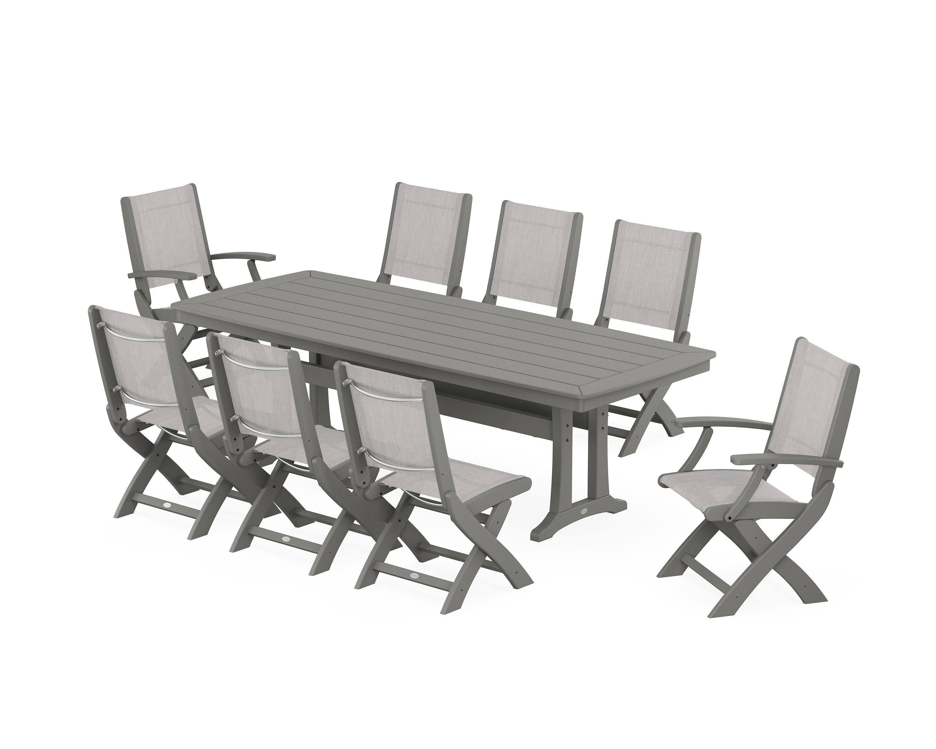 Coastal Folding 9-Piece Dining Set with Trestle Legs in Slate Grey / Parchment Sling