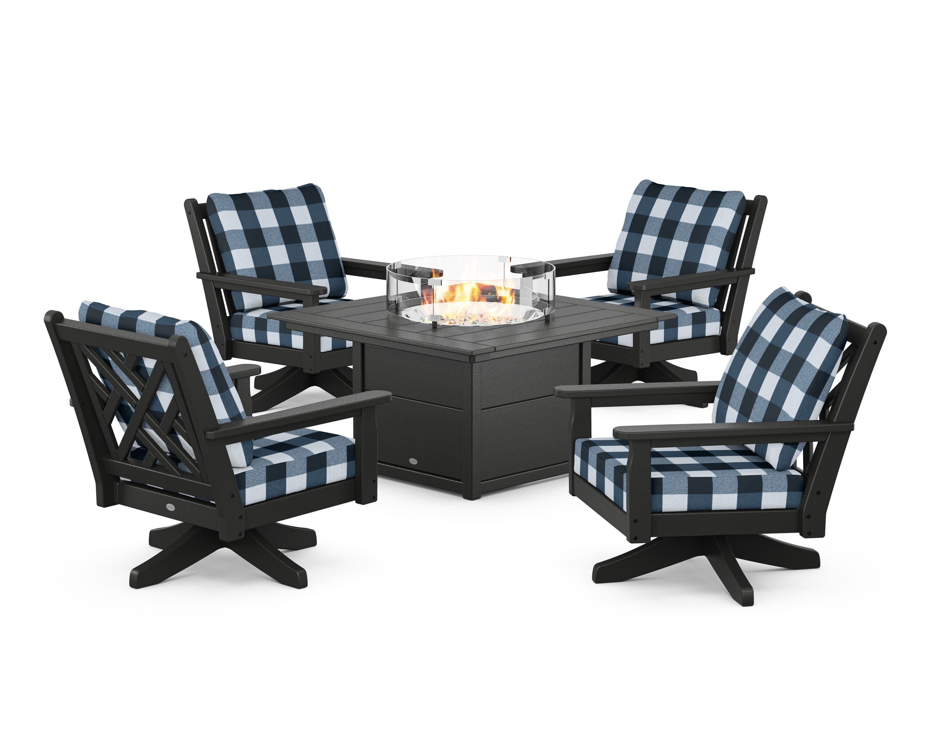 Chippendale 5-Piece Deep Seating Swivel Conversation Set with Fire Pit Table in Black / Buffalo Plaid Marine Indigo