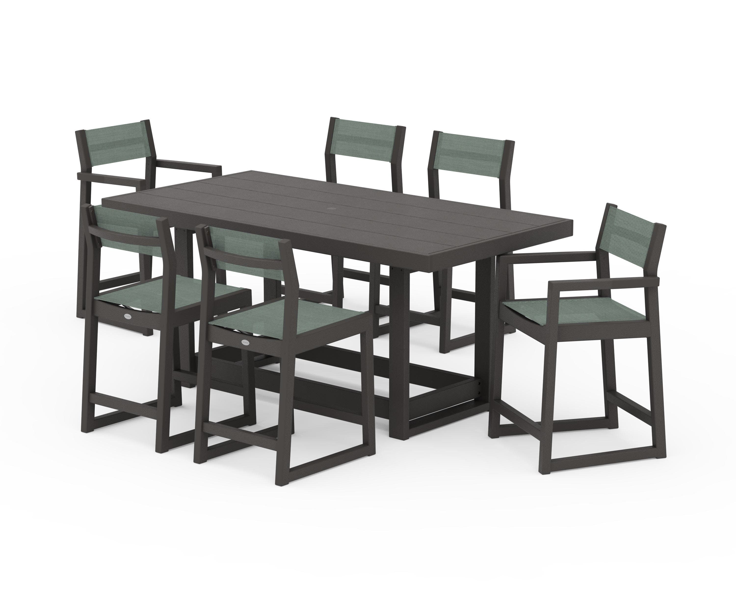 EDGE Sling 7-Piece Counter Table Set in Vintage Coffee / Dupioni Sea Mist Sling