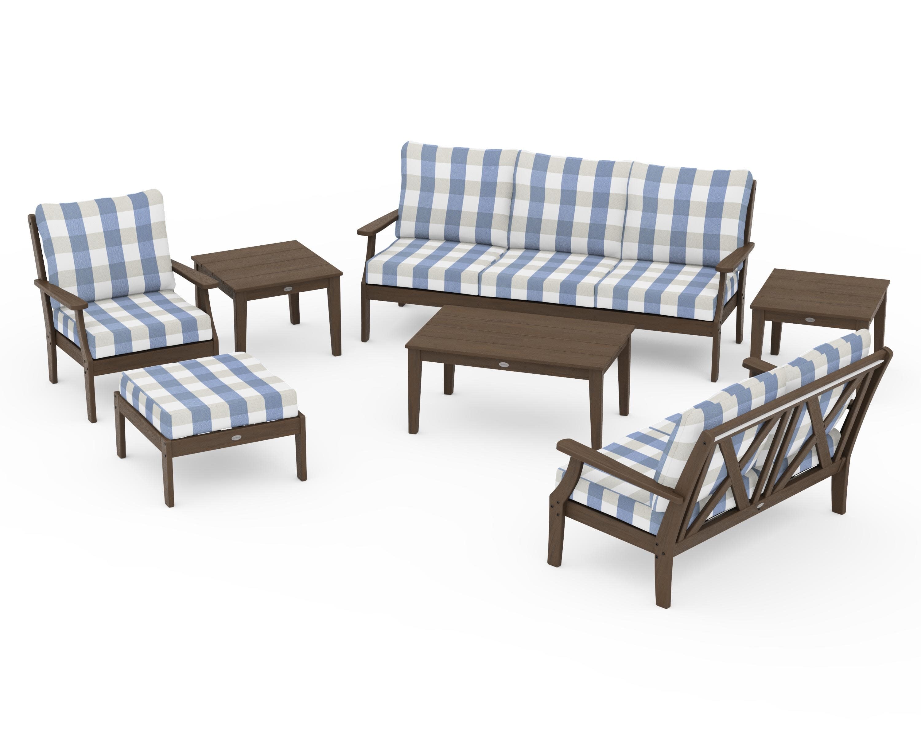 Braxton 7-Piece Deep Seating Set in Kona / Buffalo Plaid Sky Blue