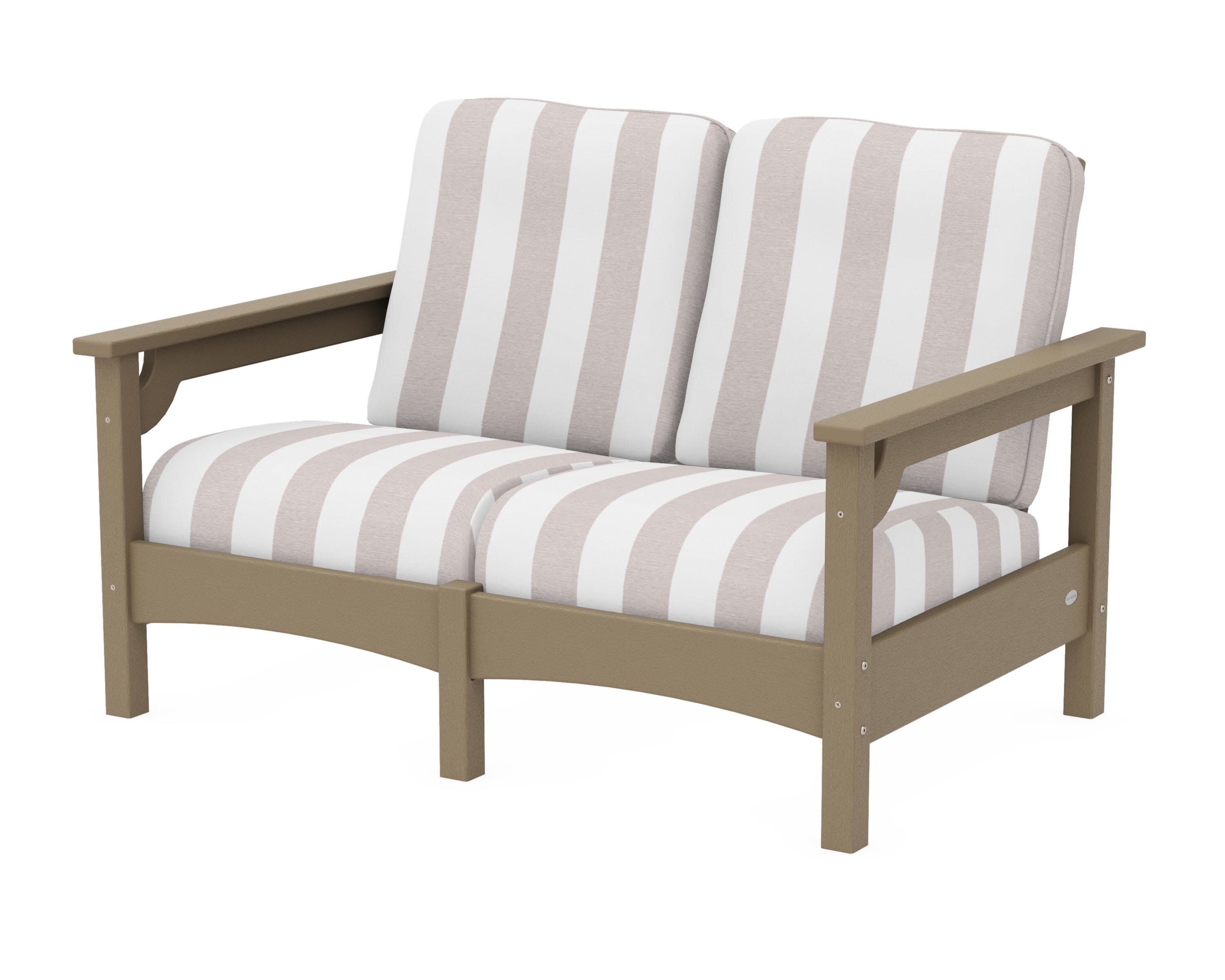 Club Loveseat in Vintage Sahara / Cabana Stripe Dune Burlap