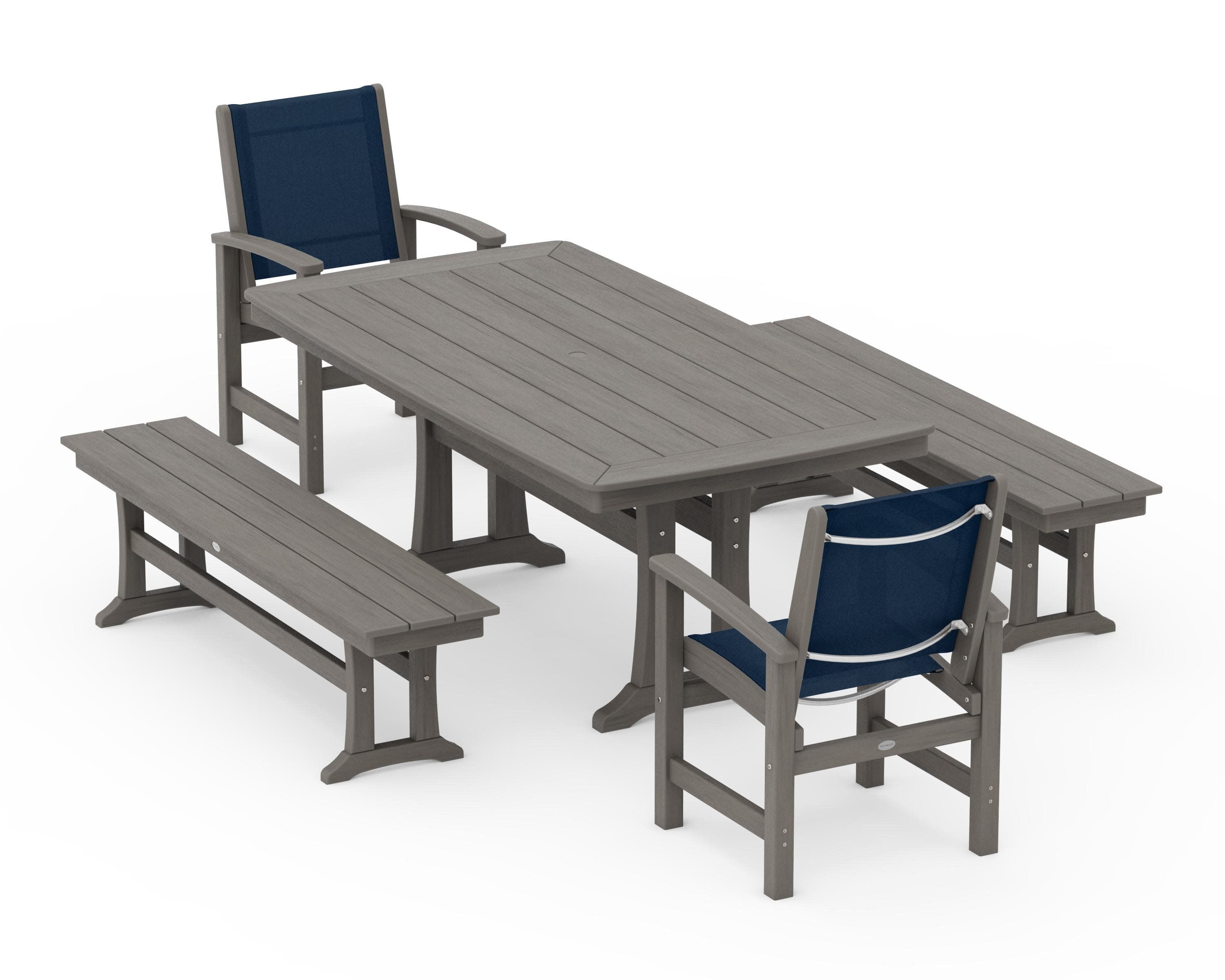 Coastal 5-Piece Dining Set with Trestle Legs and Benches in Driftwood / Navy Blue Sling