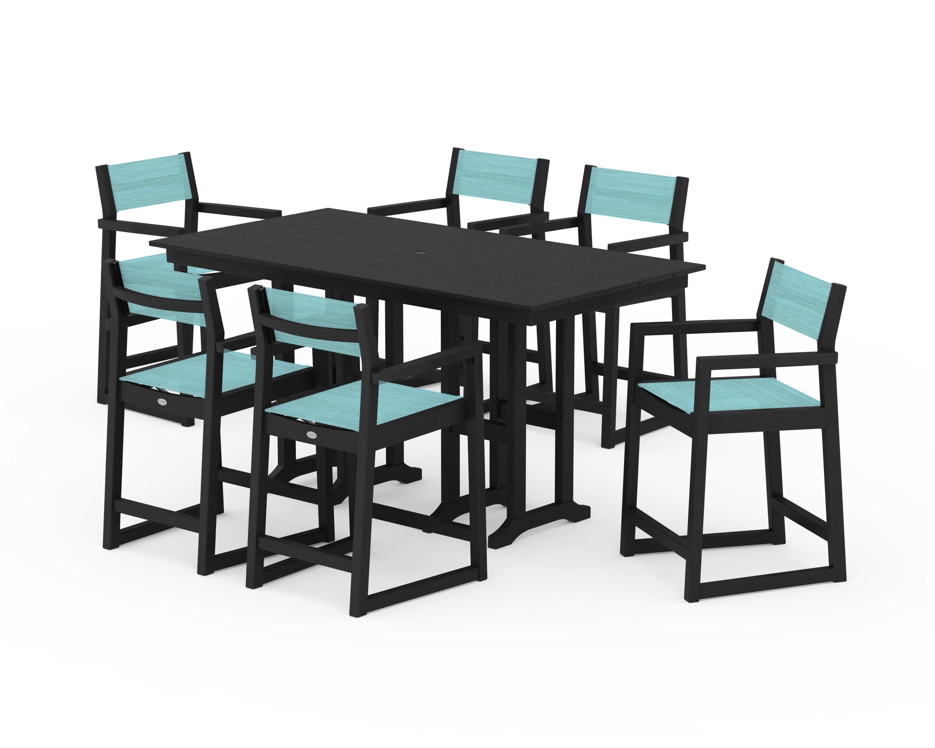 EDGE Sling Arm Chair 7-Piece Farmhouse Counter Set in Black / Dupioni Aquamarine Sling