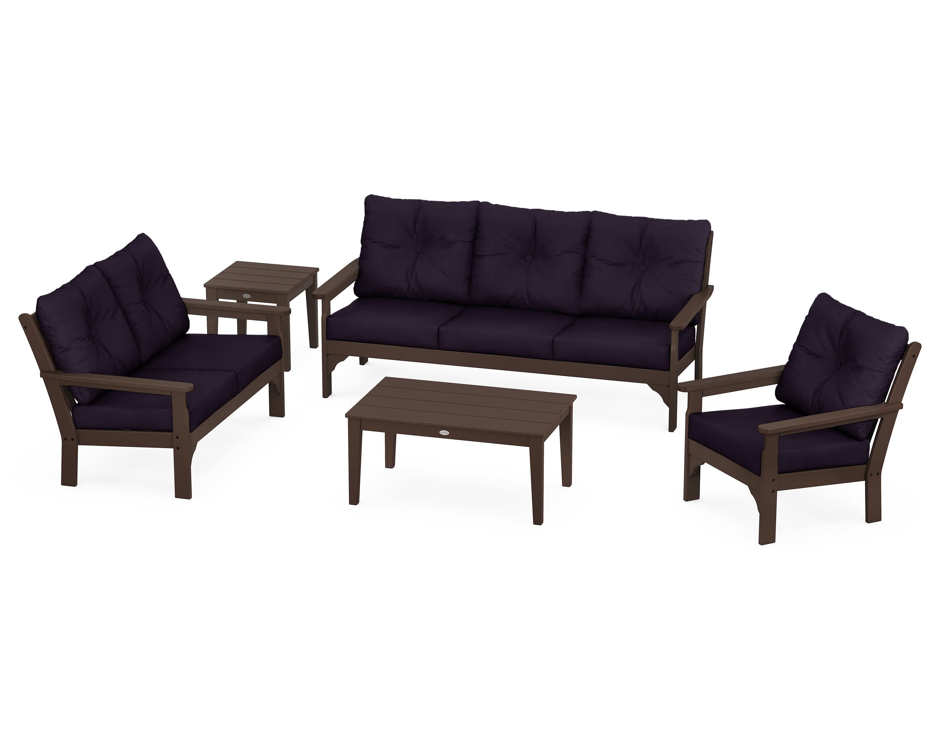 Vineyard 5 Piece Deep Seating Set in Mahogany / Navy Linen
