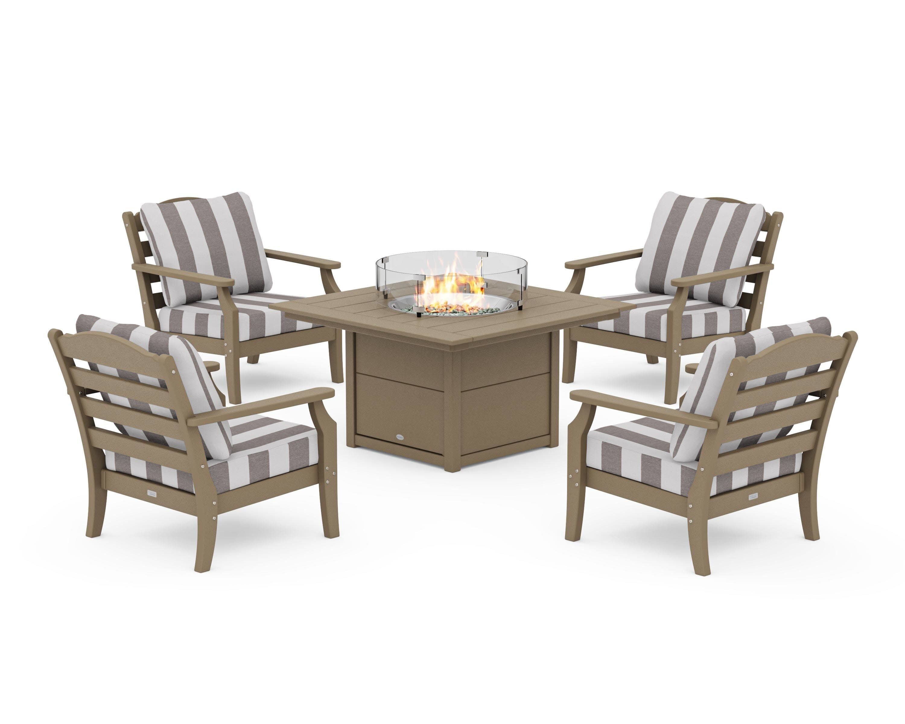 Savannah 5-Piece Deep Seating Set with Fire Pit Table in Vintage Sahara / Cabana Stripe Grey Mist