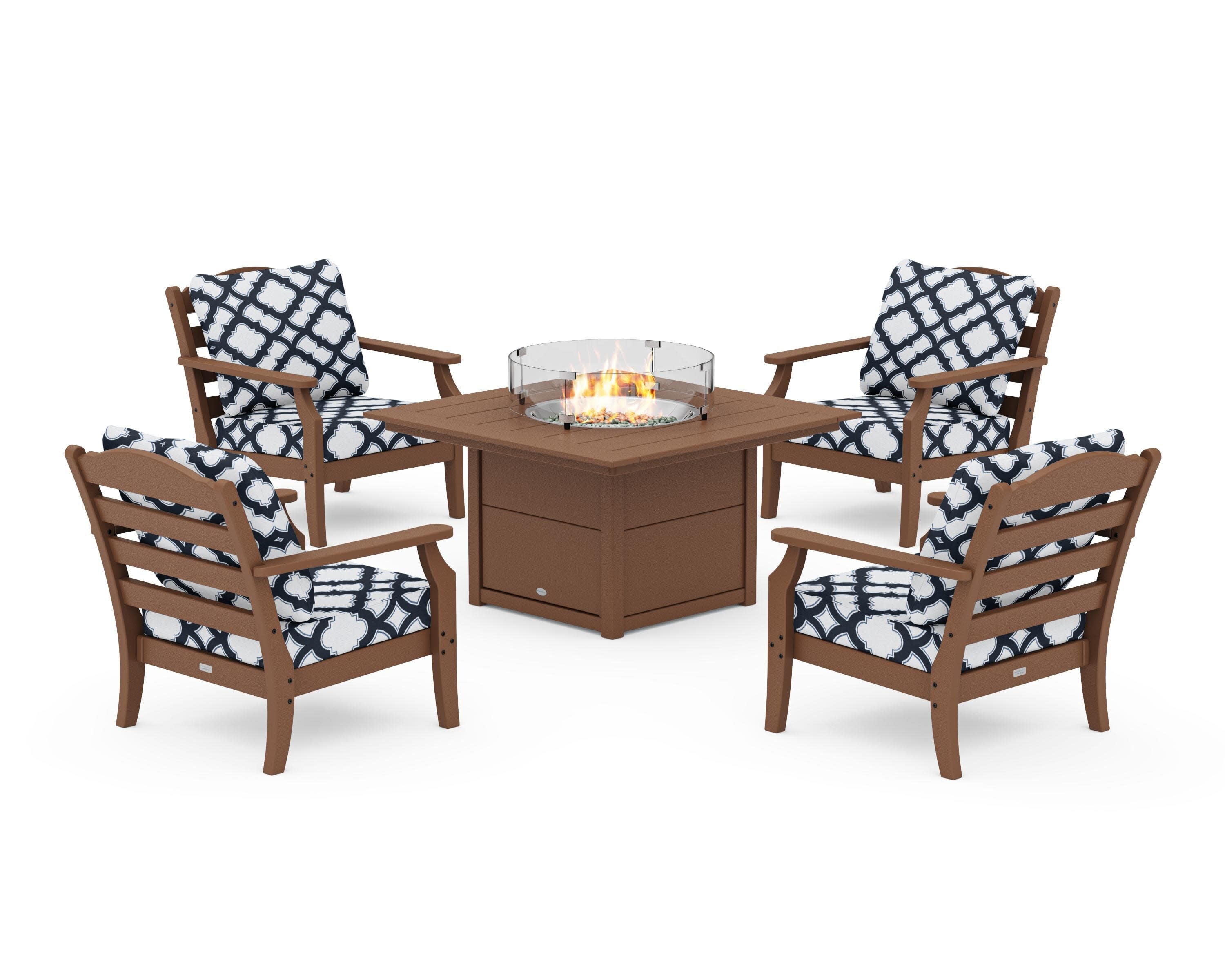 Savannah 5-Piece Deep Seating Set with Fire Pit Table in Teak / Trellis Marine Indigo