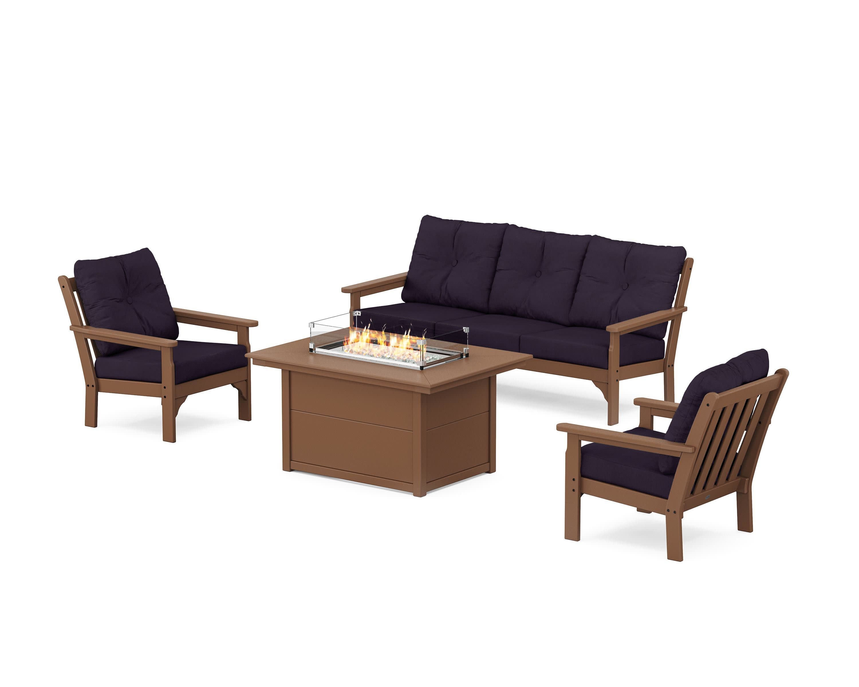 Vineyard Deep Seating Fire Pit Table Set in Teak / Navy Linen