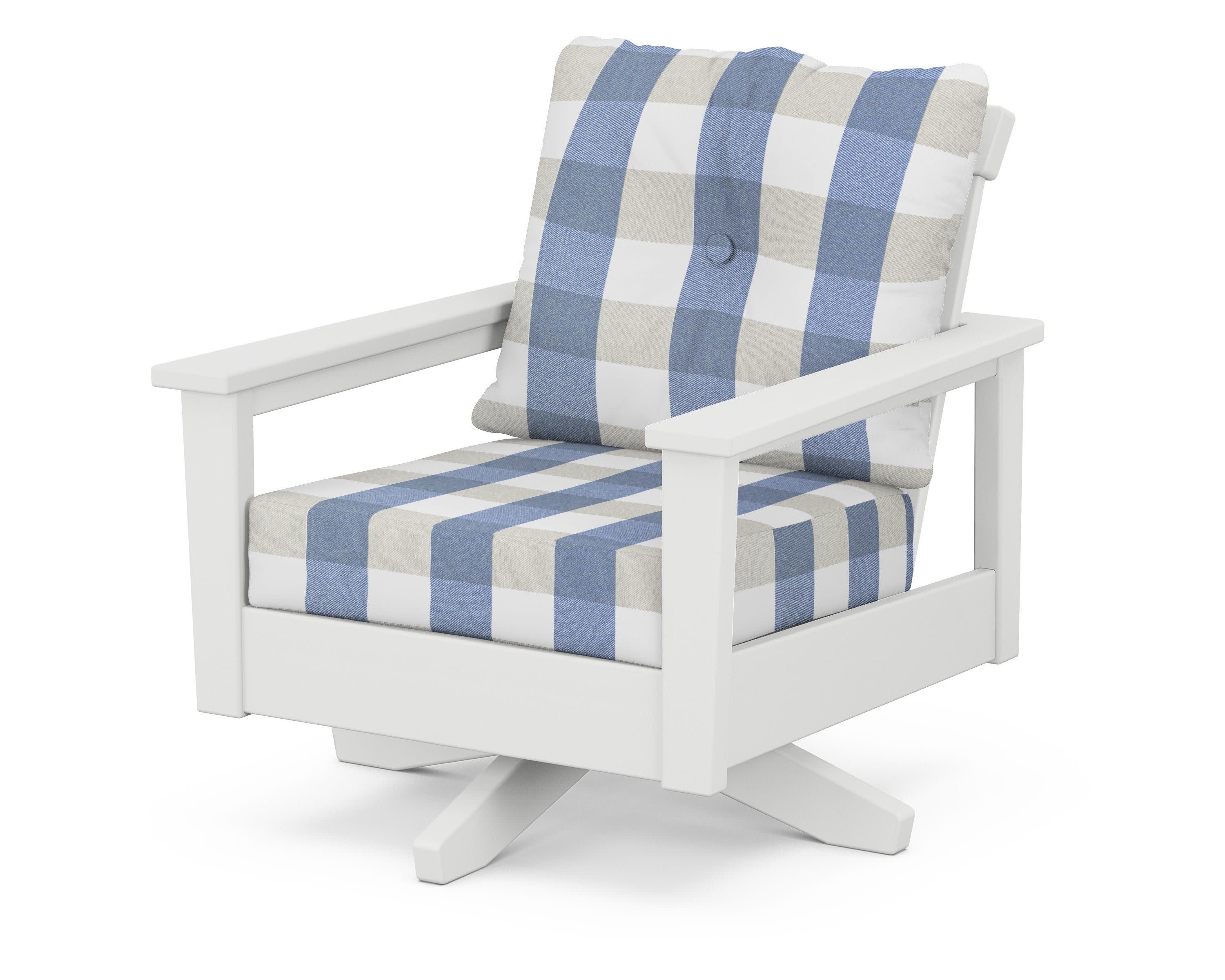 Prescott Deep Seating Swivel Chair in White / Buffalo Plaid Sky Blue