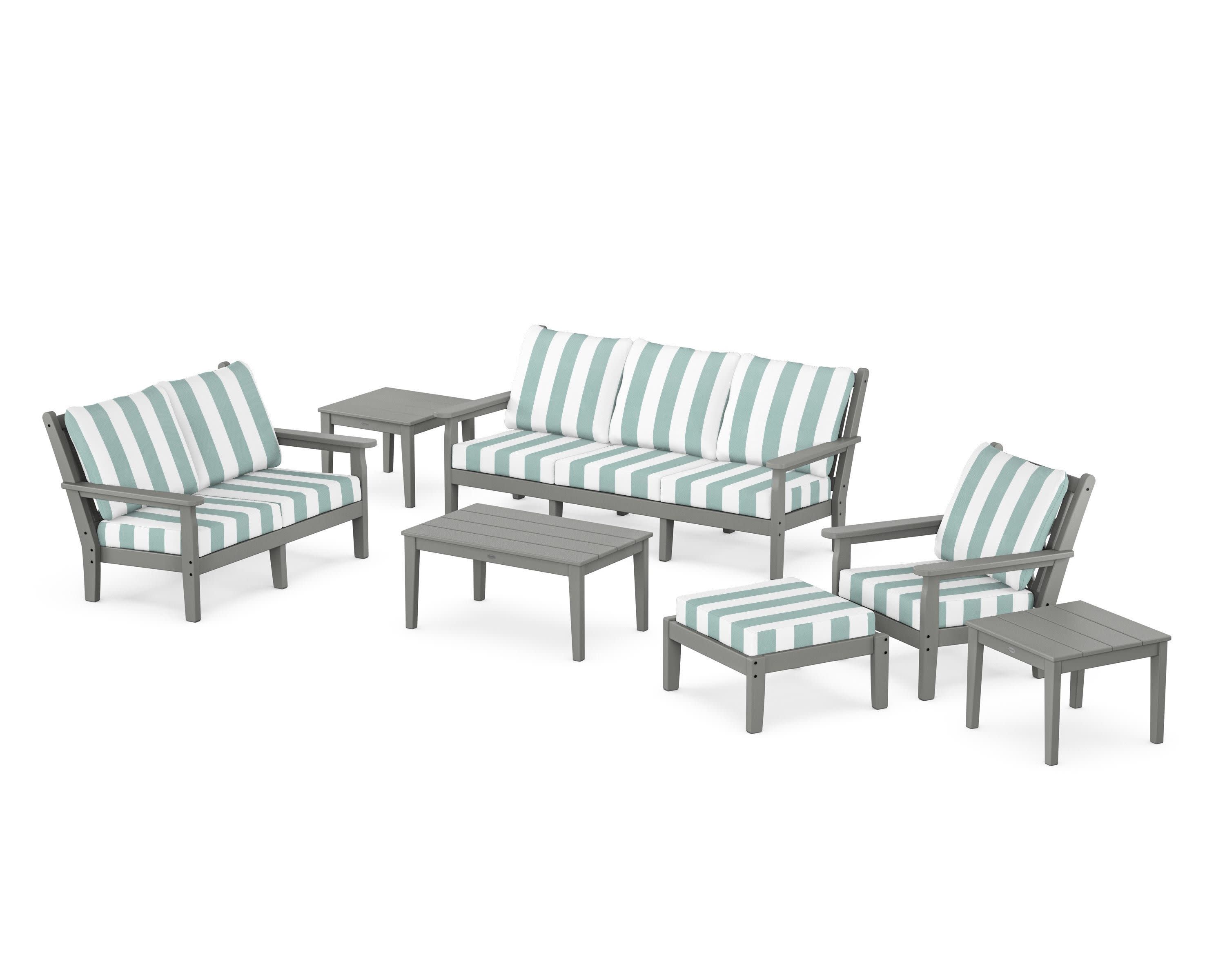 Chippendale 7-Piece Deep Seating Set in Slate Grey / Cabana Stripe Glacier Spa